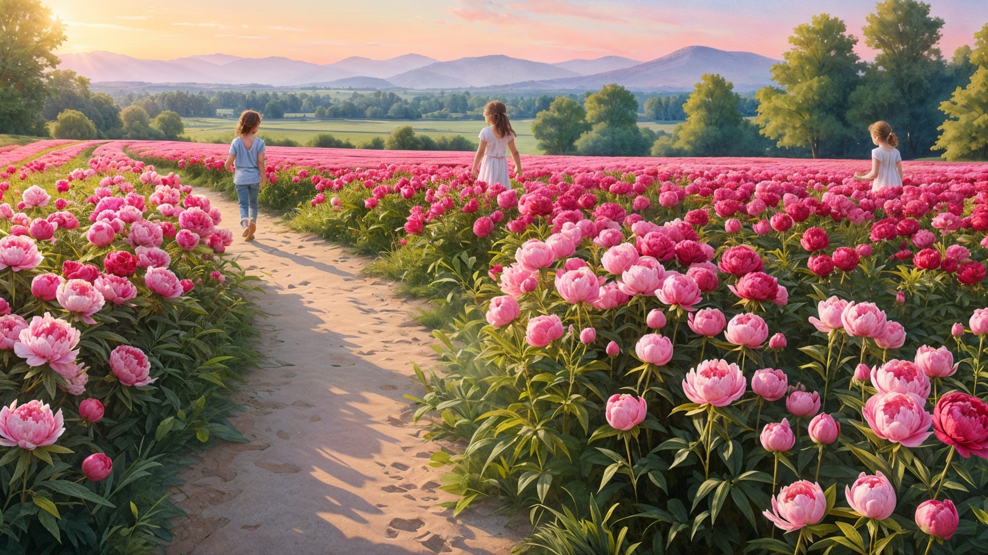 Children Walking Through a Field of Blooming Peonies