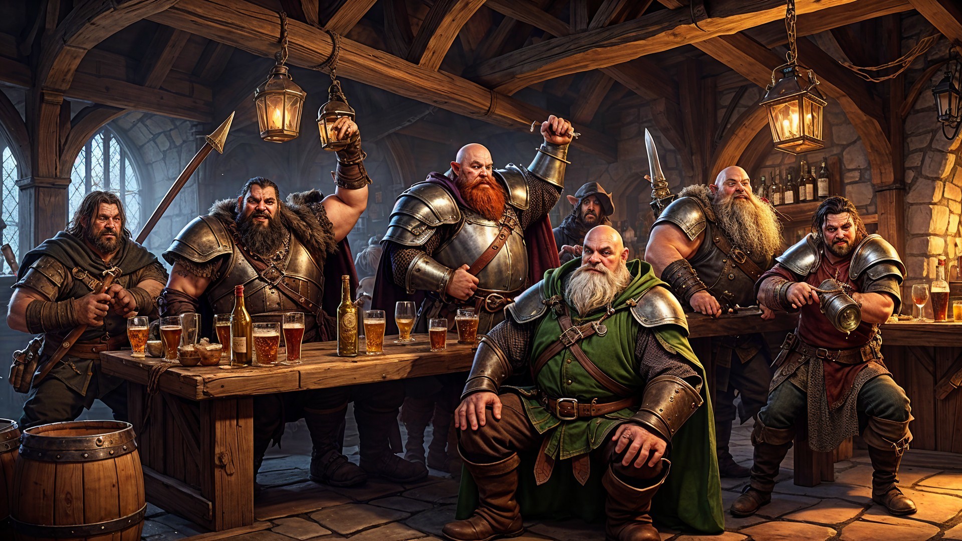 Dwarves Celebrating in a Rustic Tavern Setting