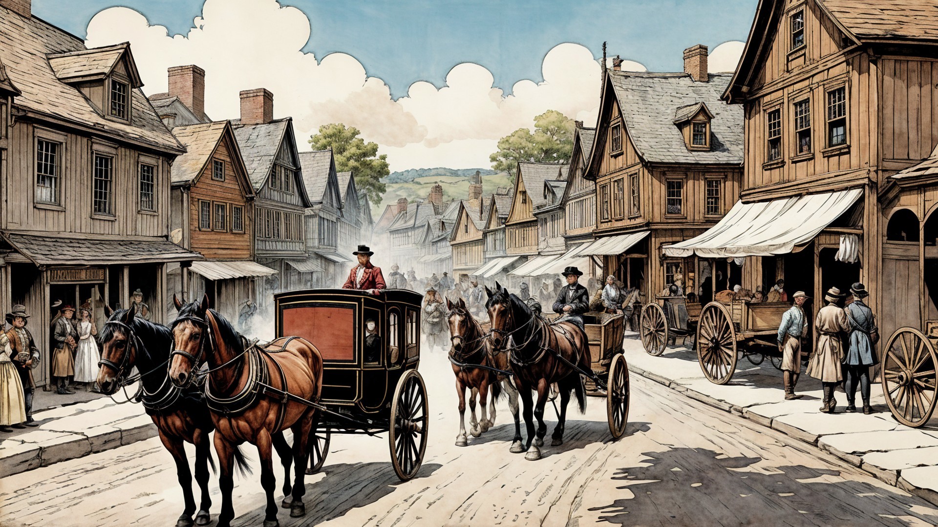 19th-Century Town Street with Horse-Drawn Carriages