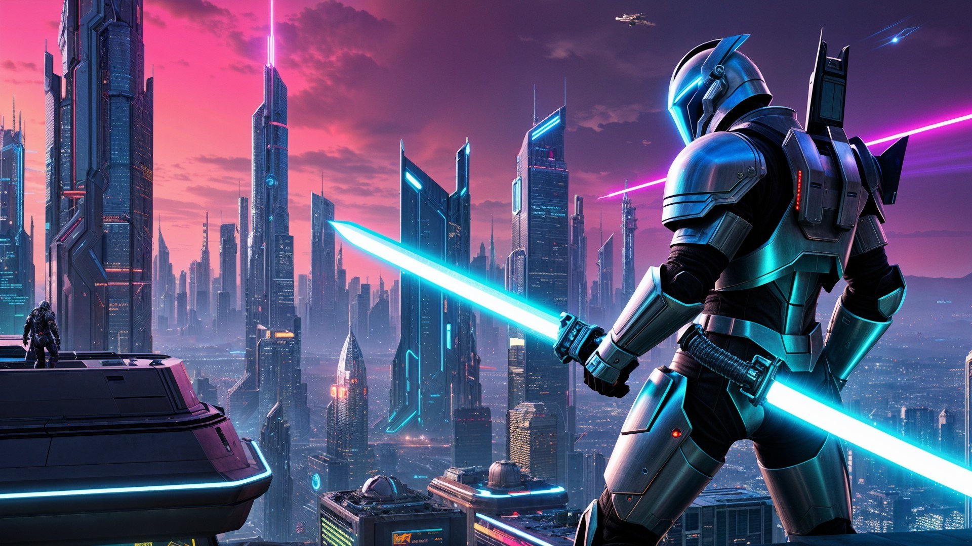 Futuristic Cityscape with Armored Figure and Swords