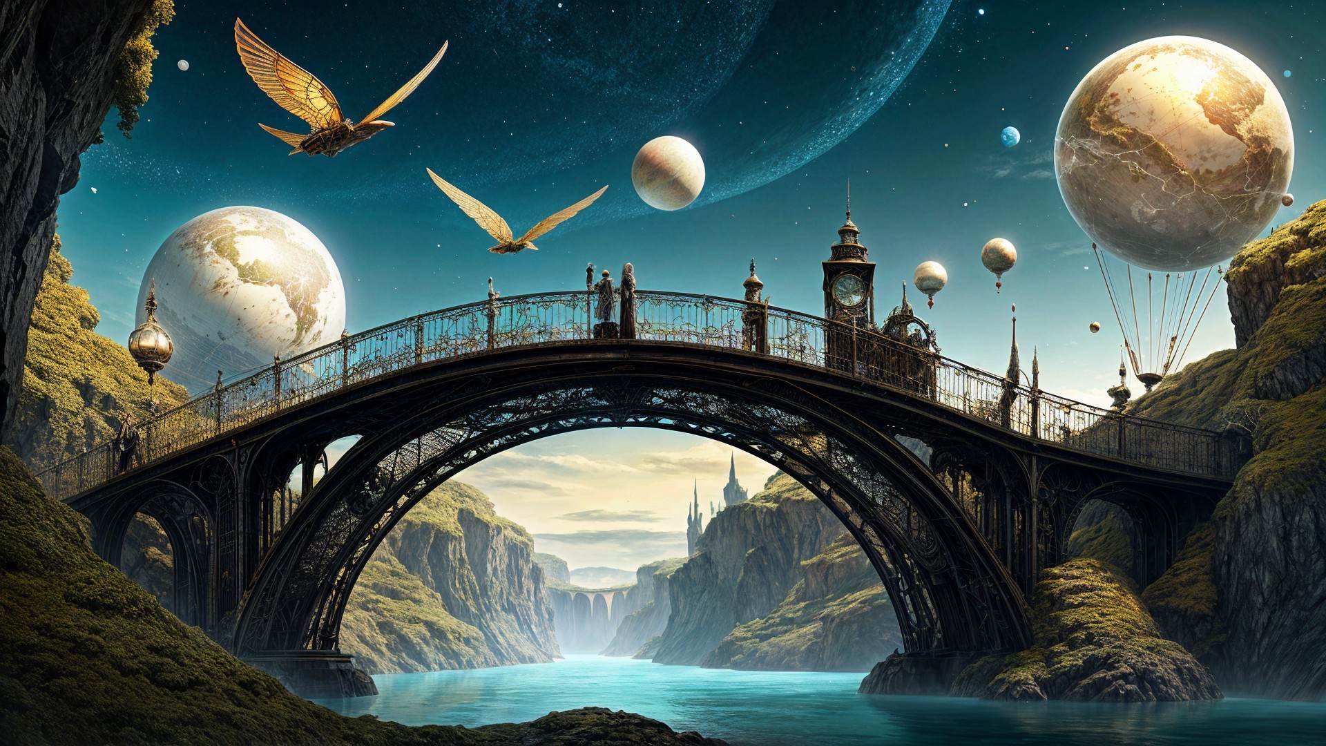 Fantastical Landscape with Bridge and Cosmic Elements