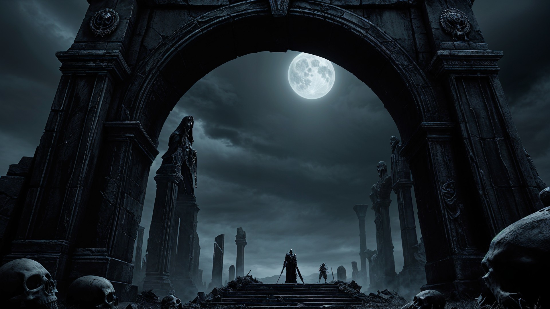 Dark Landscape with Ruins and Full Moon Atmosphere