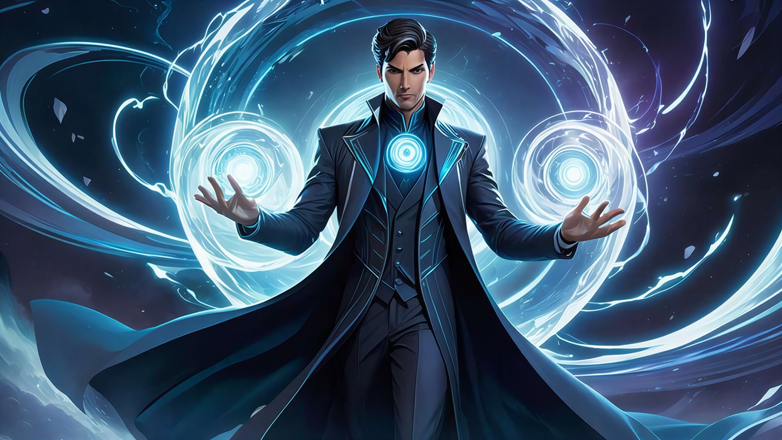 Dark-haired man in blue coat performing magic with light