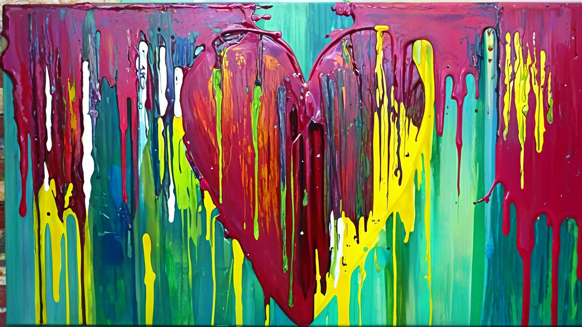 Vibrant Abstract Painting with Dripping Heart Shape