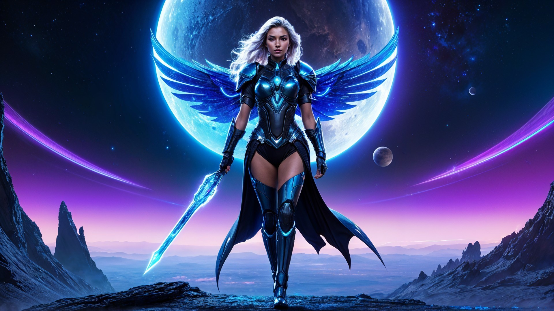 Fierce warrior in metallic armor in cosmic landscape