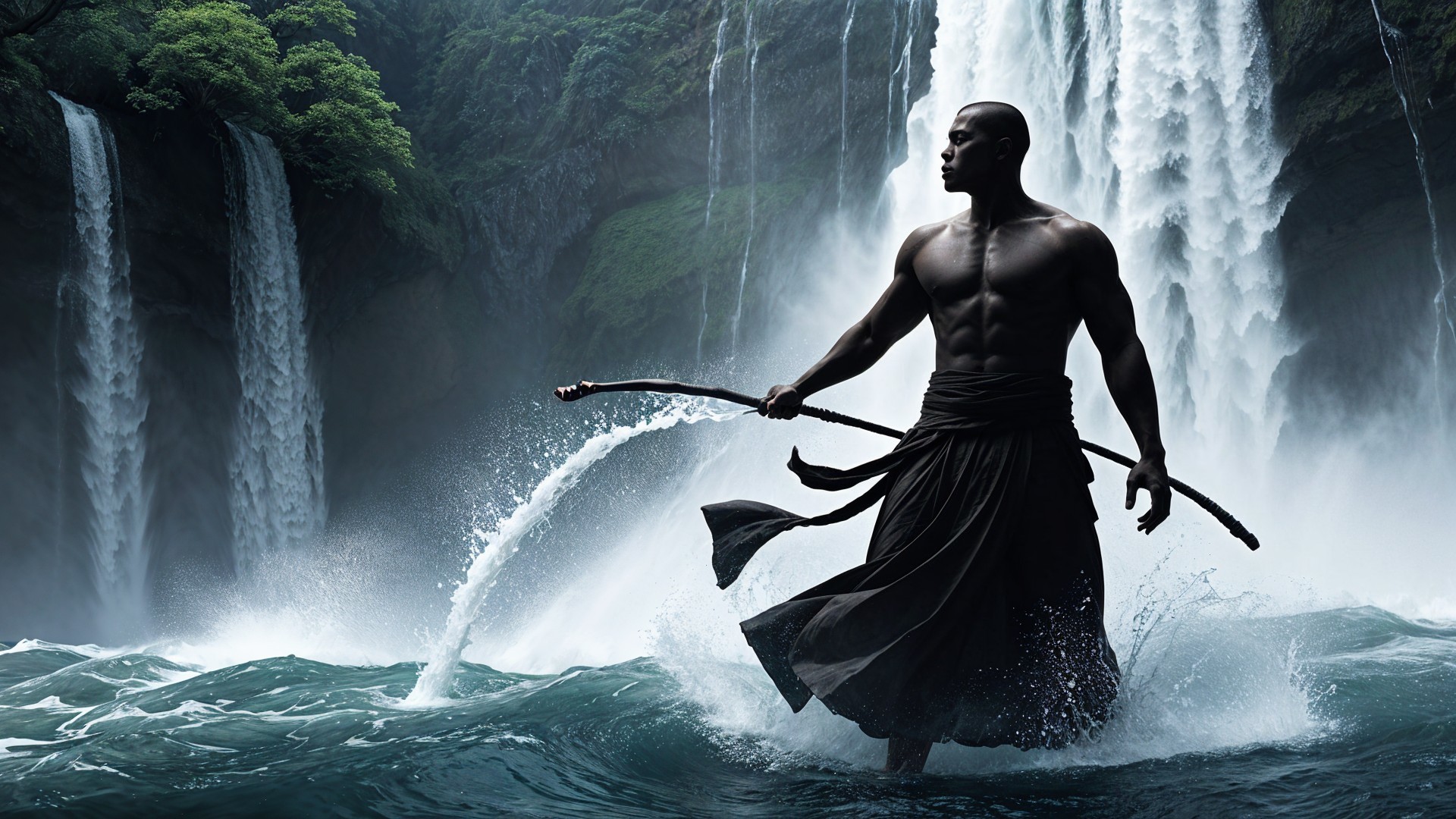 Muscular Figure with Staff in Vibrant Waterfall Scene