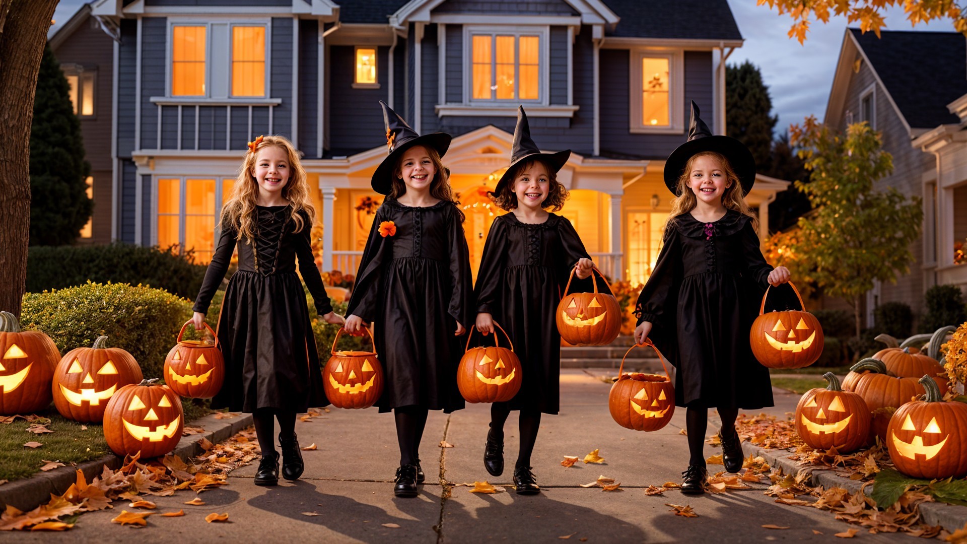 Young girls in witch costumes with glowing pumpkins