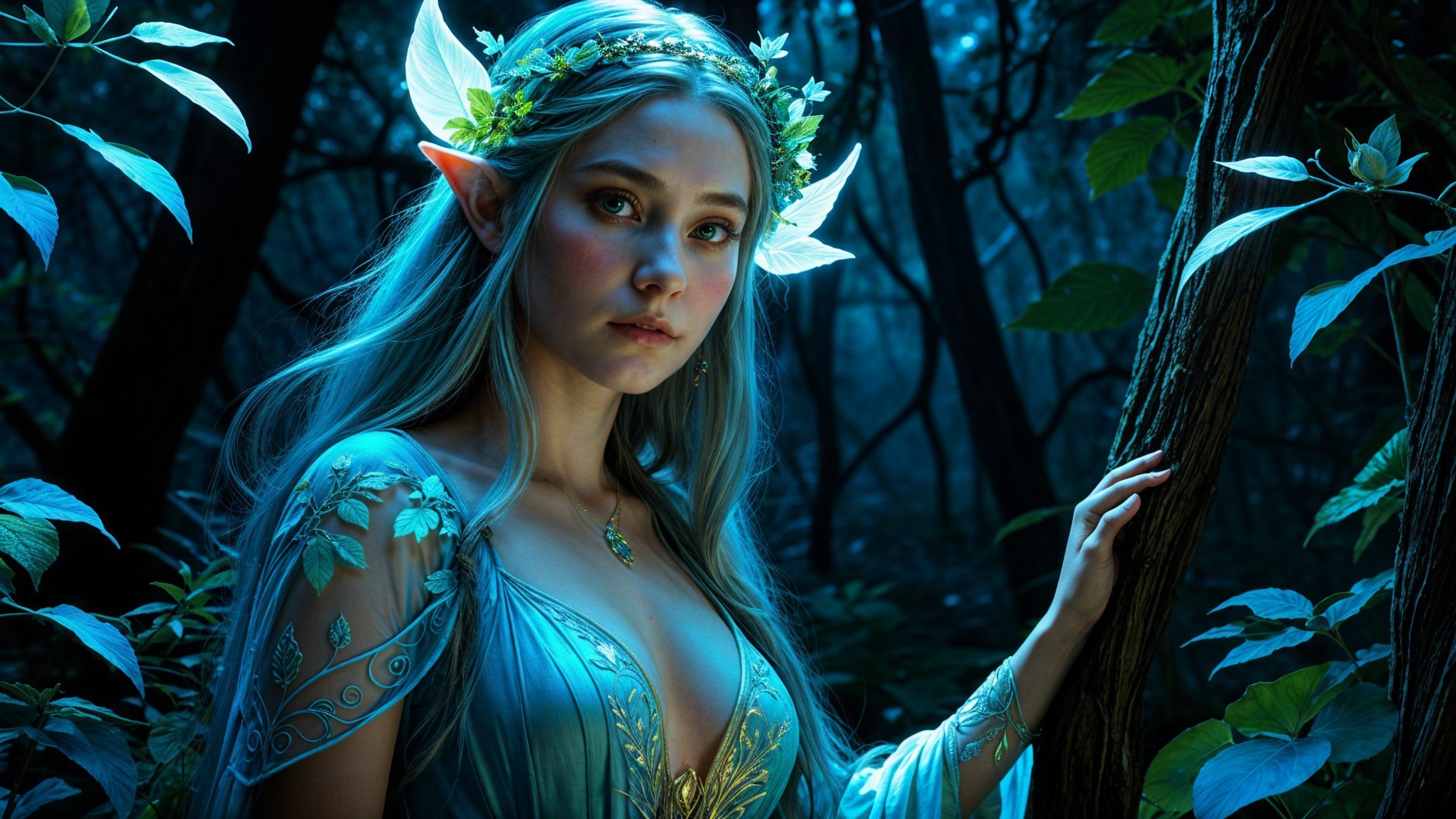 Elven Figure in Mystical Forest with Ethereal Wings