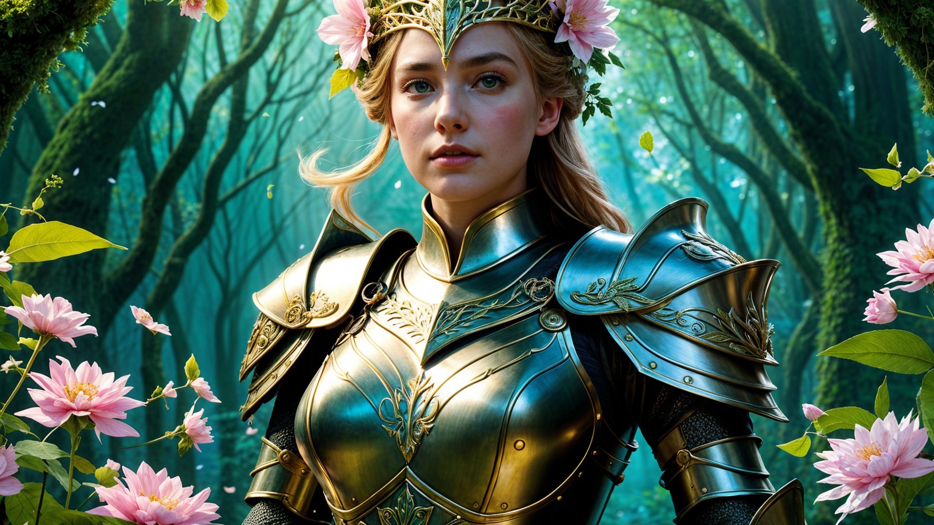 Regal warrior woman in enchanted forest with lotus flowers