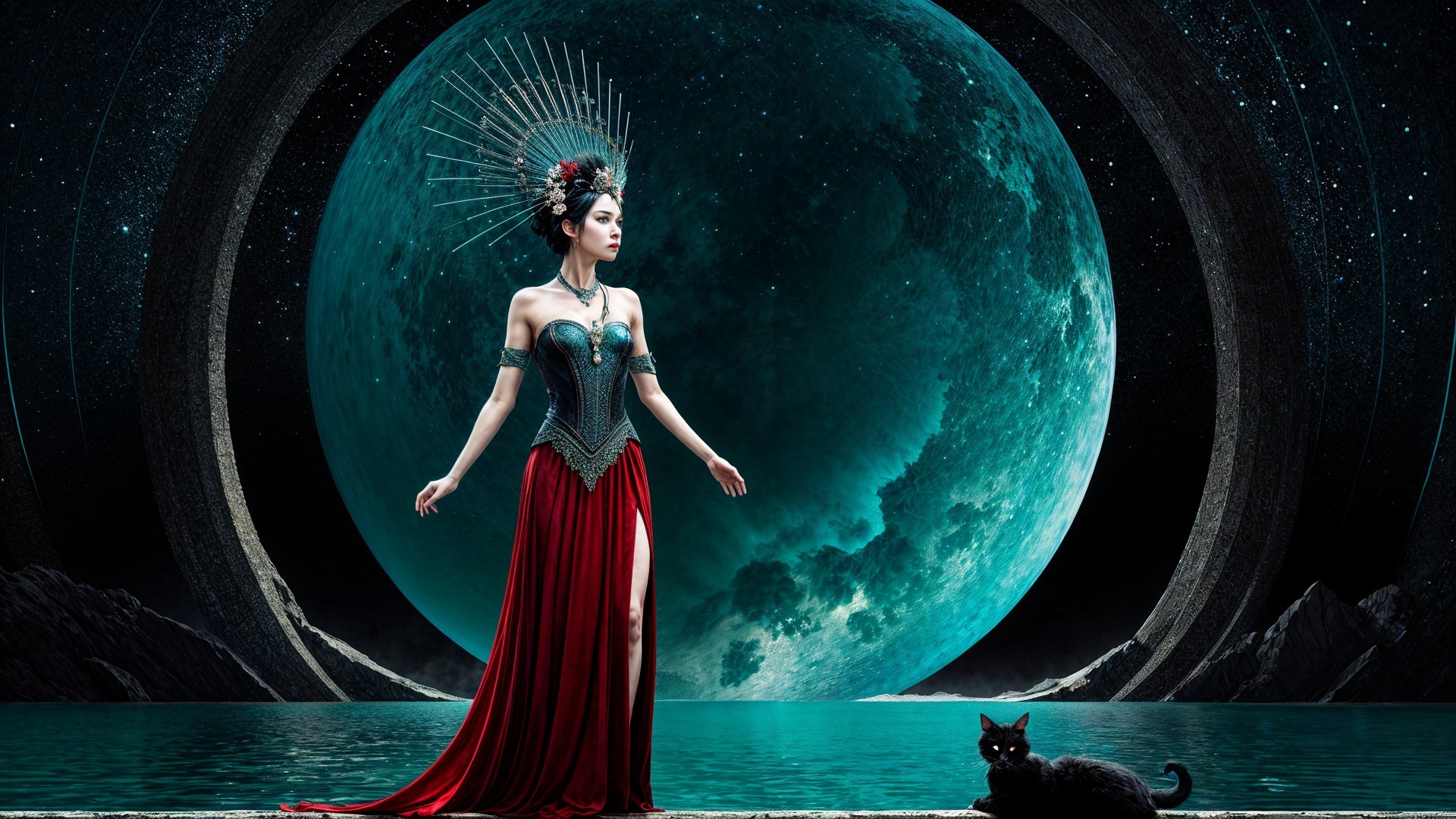 Regal figure in red gown with moonlit backdrop