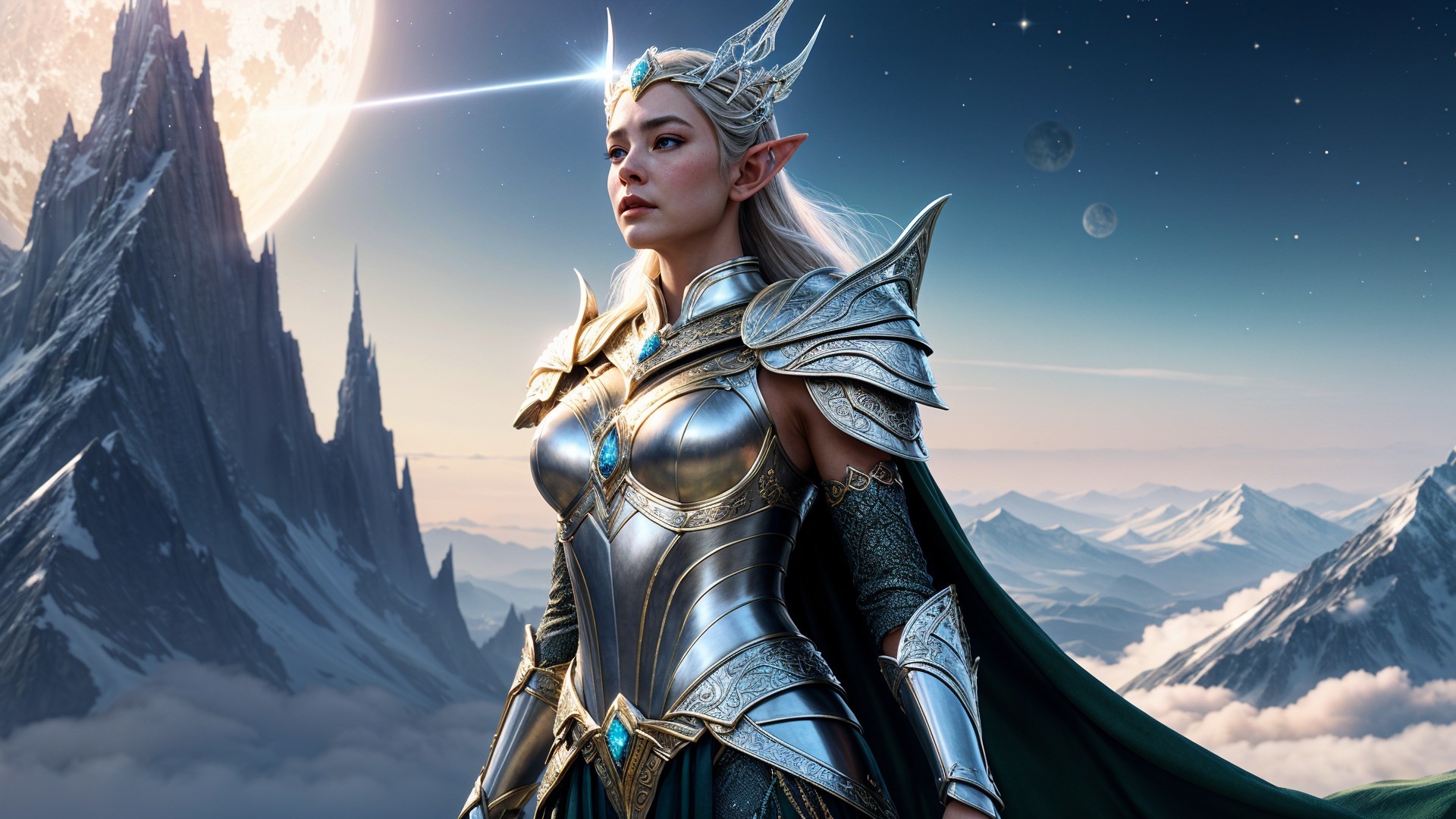 Regal elf warrior in silver armor against mystical landscape