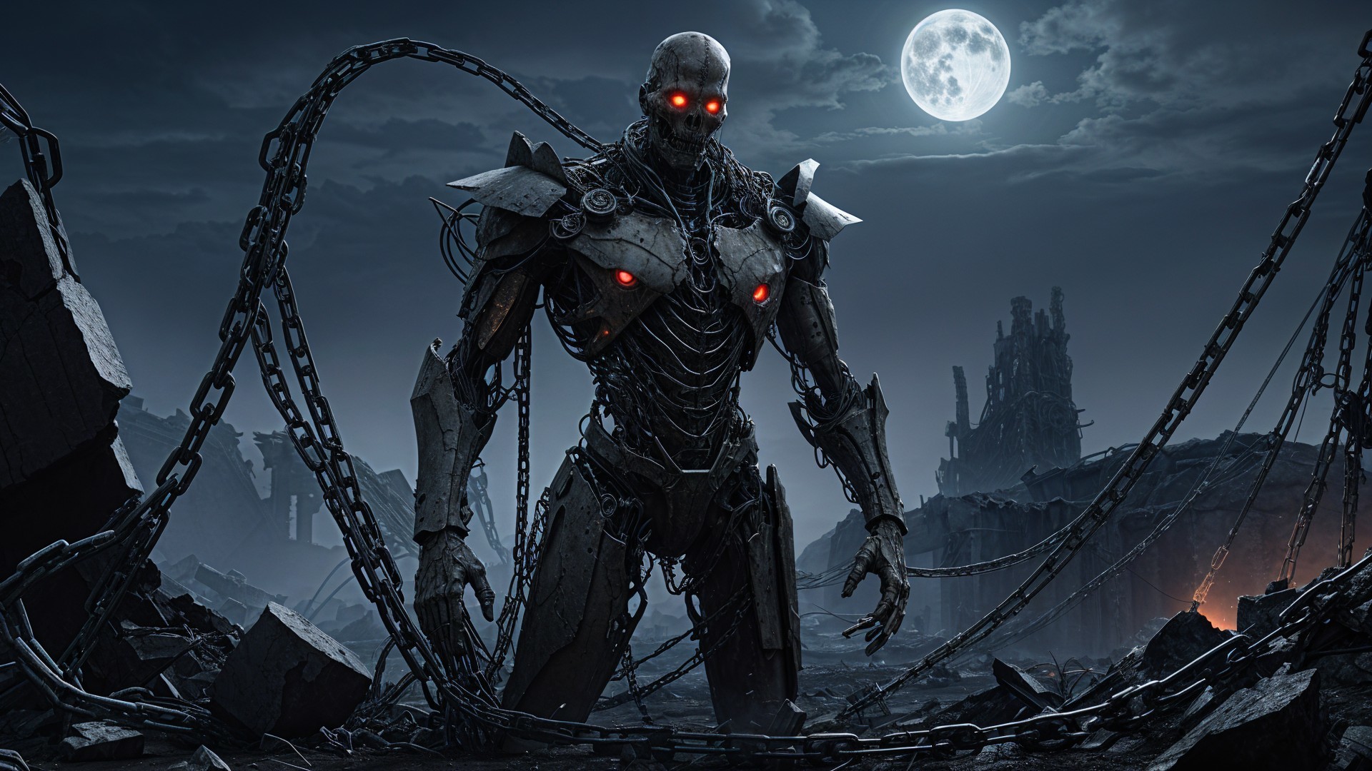 Cyborg in Dystopian Landscape Under Full Moon