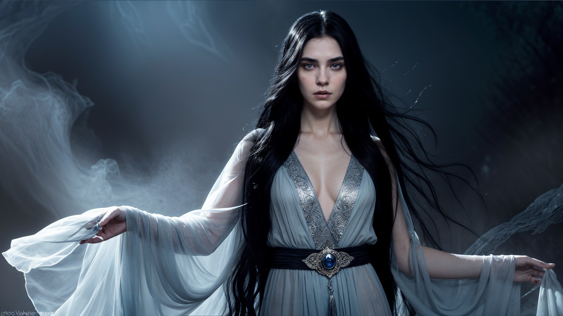 Mystical Figure in Ethereal Gown with Jewelry