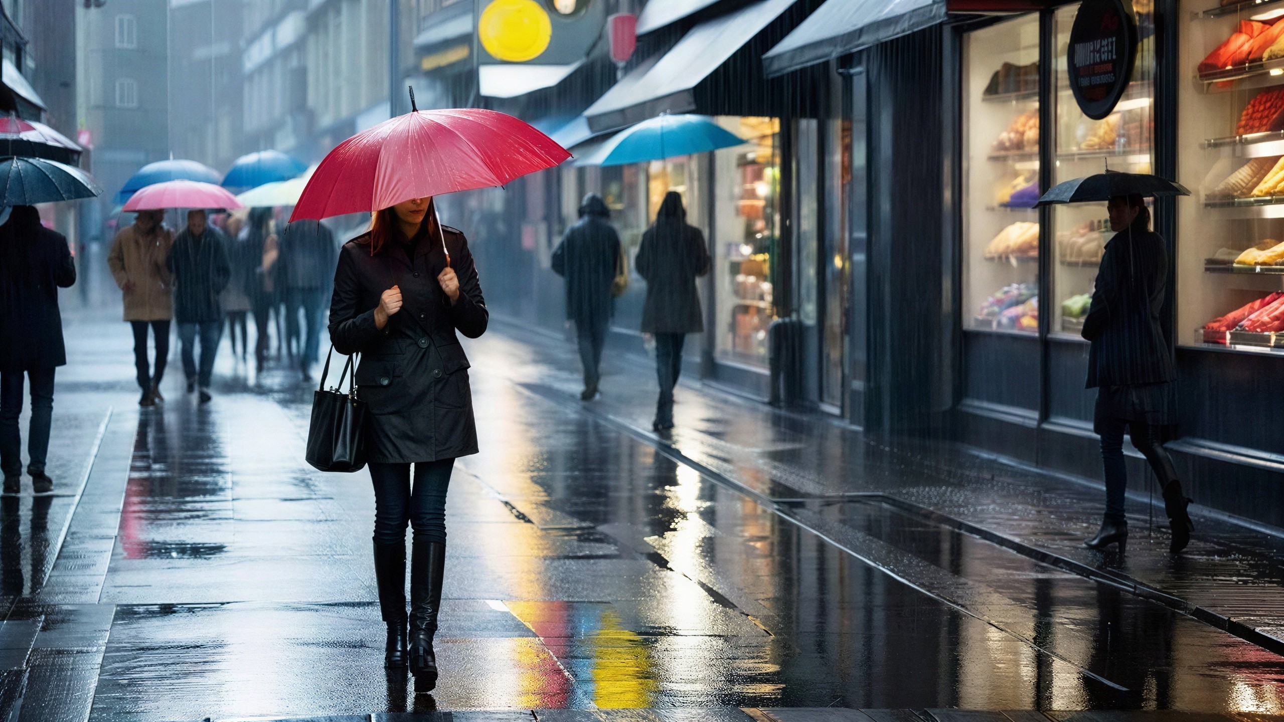 Woman in Black Coat with Red Umbrella on Rainy Street