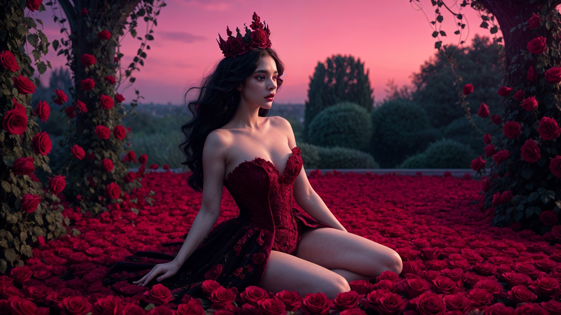 Woman in Regal Dress Surrounded by Red Roses