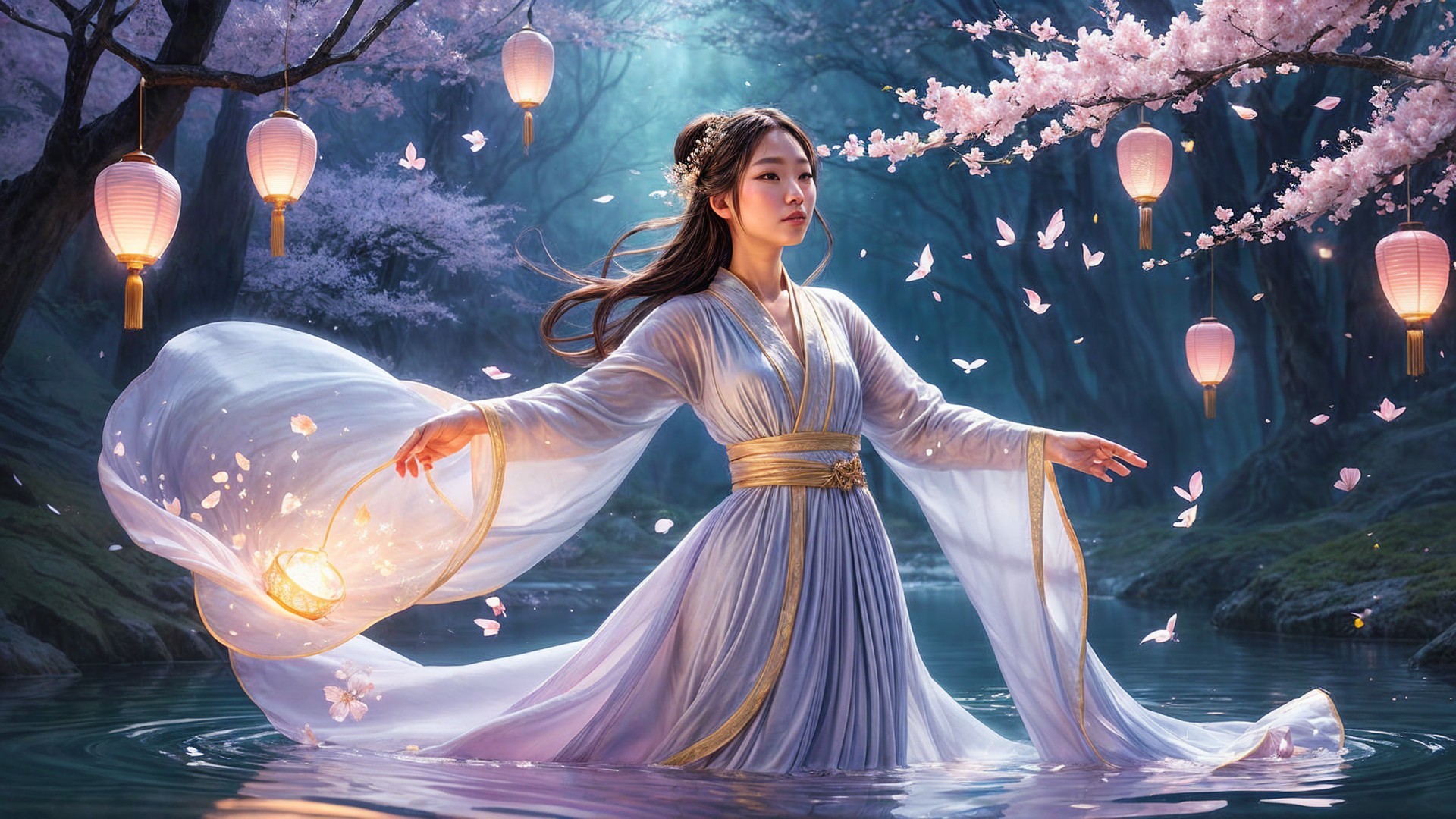 Tranquil Pond Scene with Ethereal Figure and Lanterns