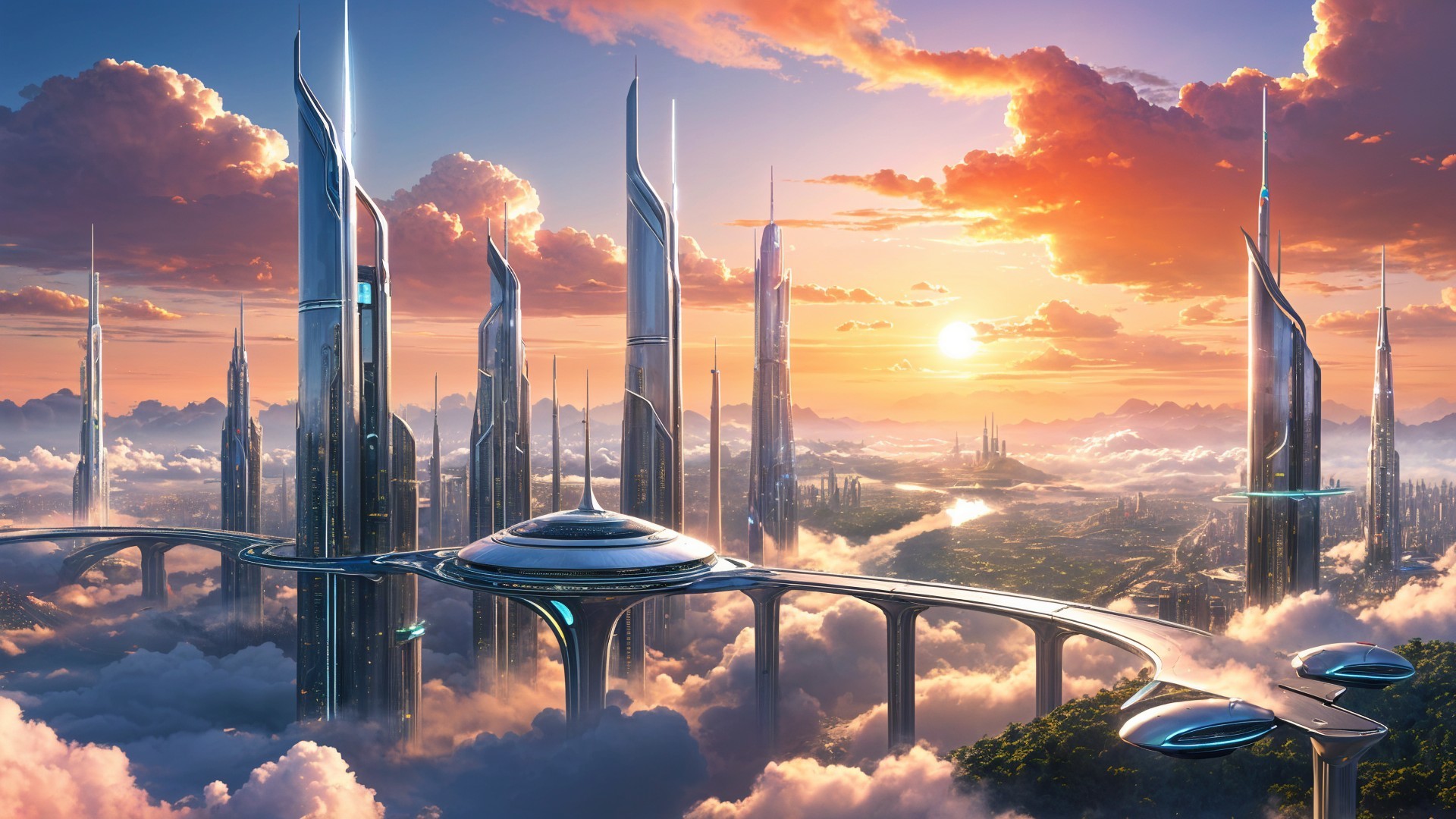 Futuristic cityscape with skyscrapers and greenery