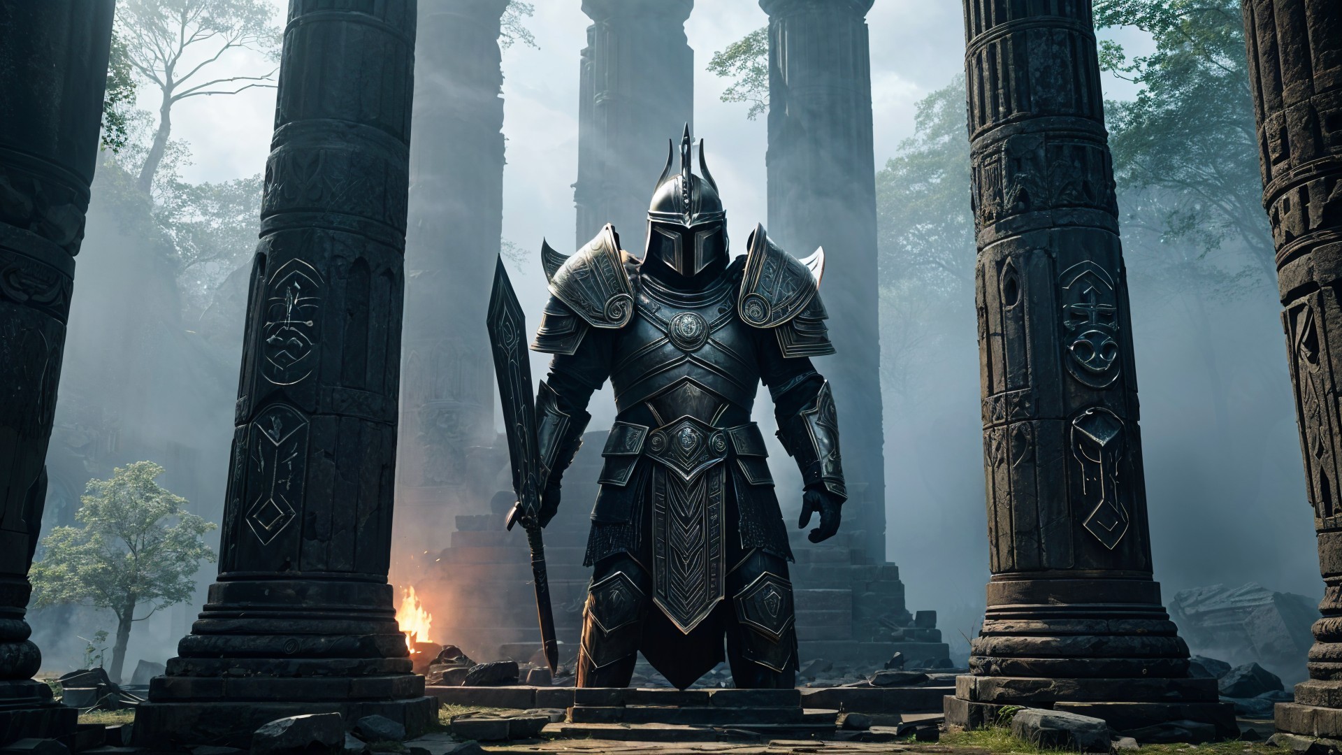 Knight in Armor Among Ancient Pillars and Mist