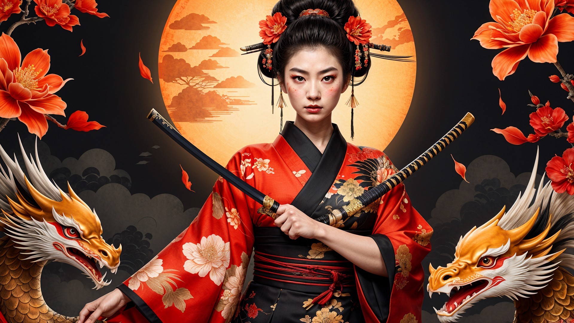 Fierce Woman in Red Kimono with Katana and Dragons