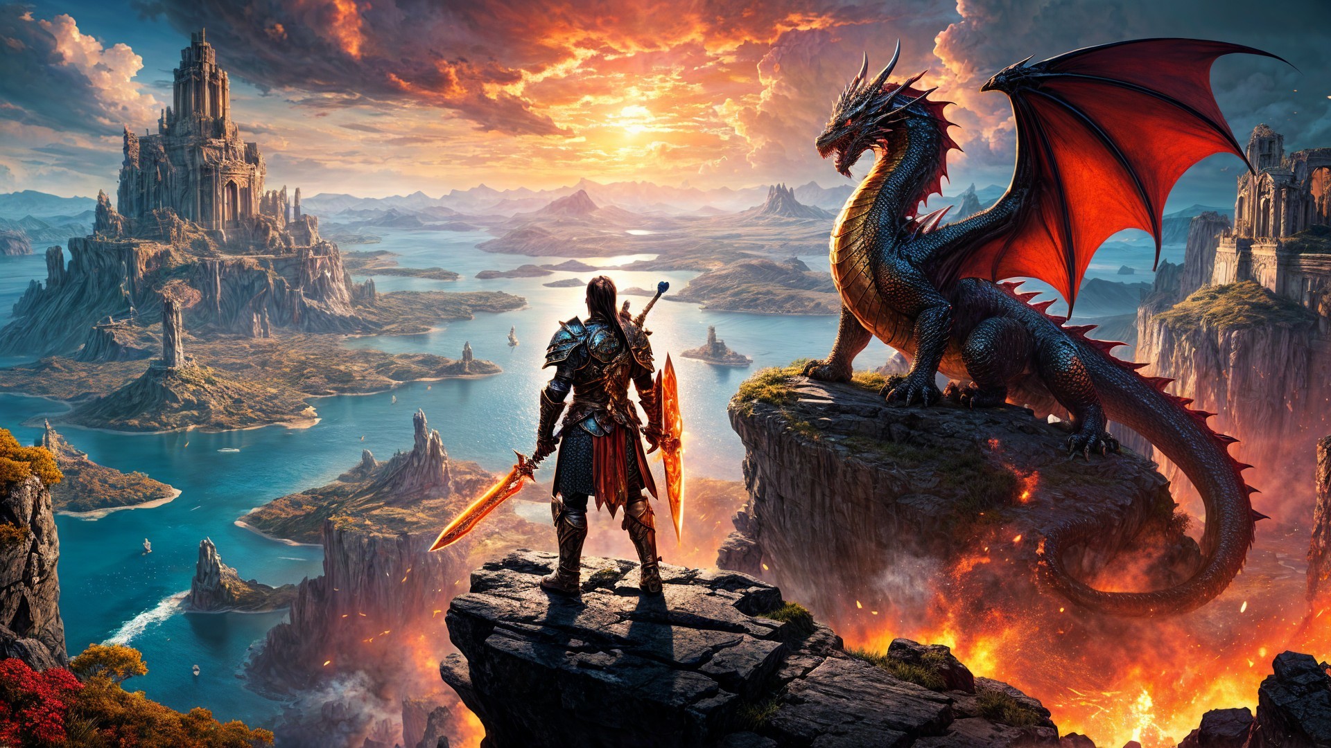 Warrior with Sword and Dragon Overlooking Scenic Landscape