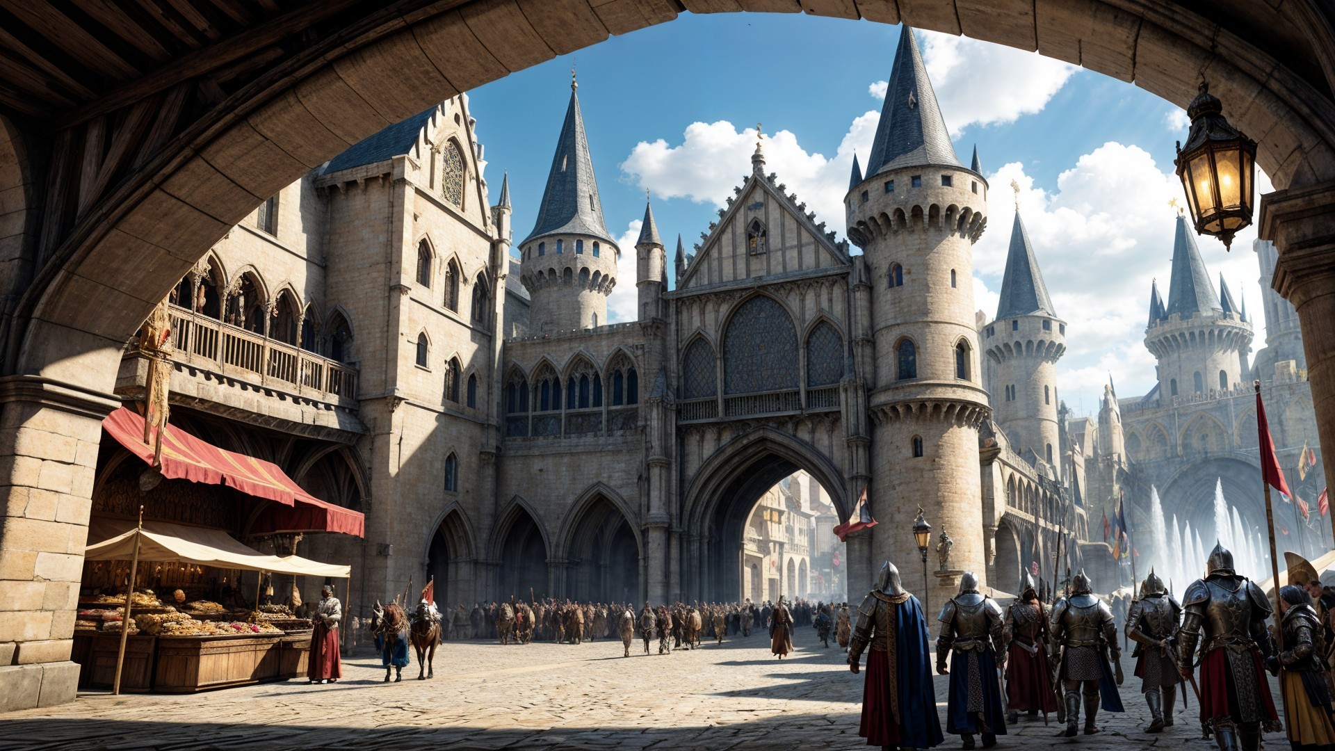 Medieval Marketplace Under Castle Archways and Spires