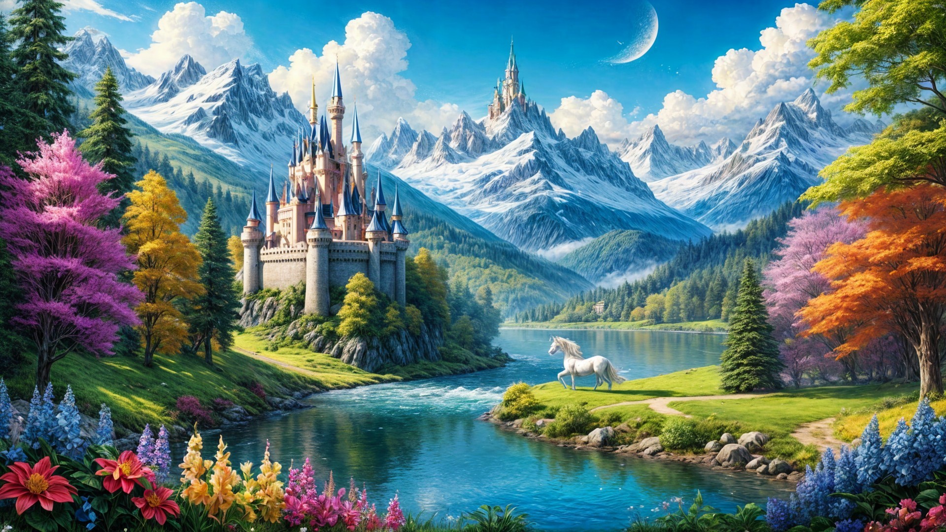 Majestic castle in vibrant landscape with unicorn