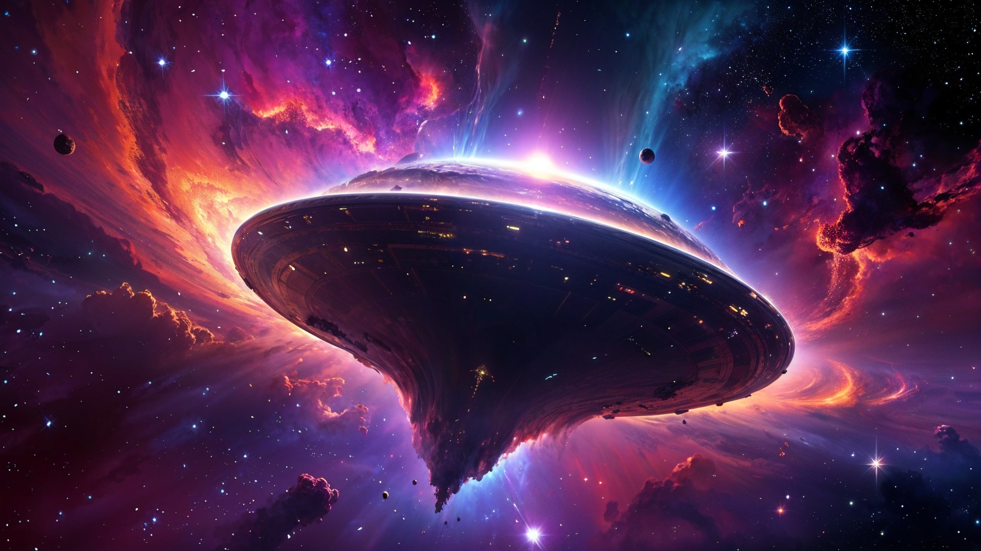 Futuristic Spacecraft in a Vibrant Cosmic Nebula
