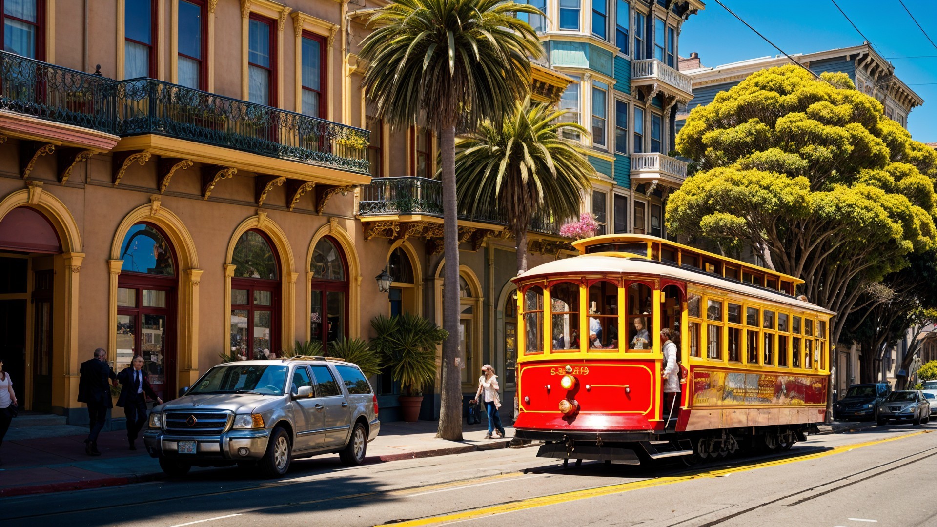 Vibrant Yellow Streetcar on Sunlit Urban Street