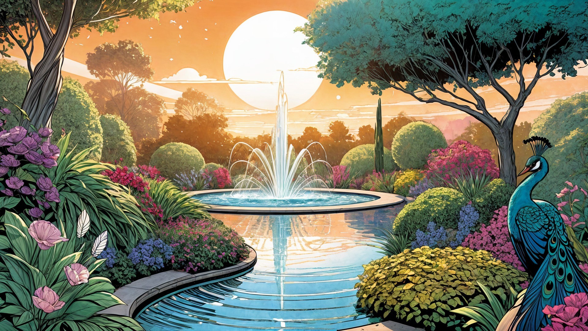 Tranquil Garden Scene with Fountain and Peacock