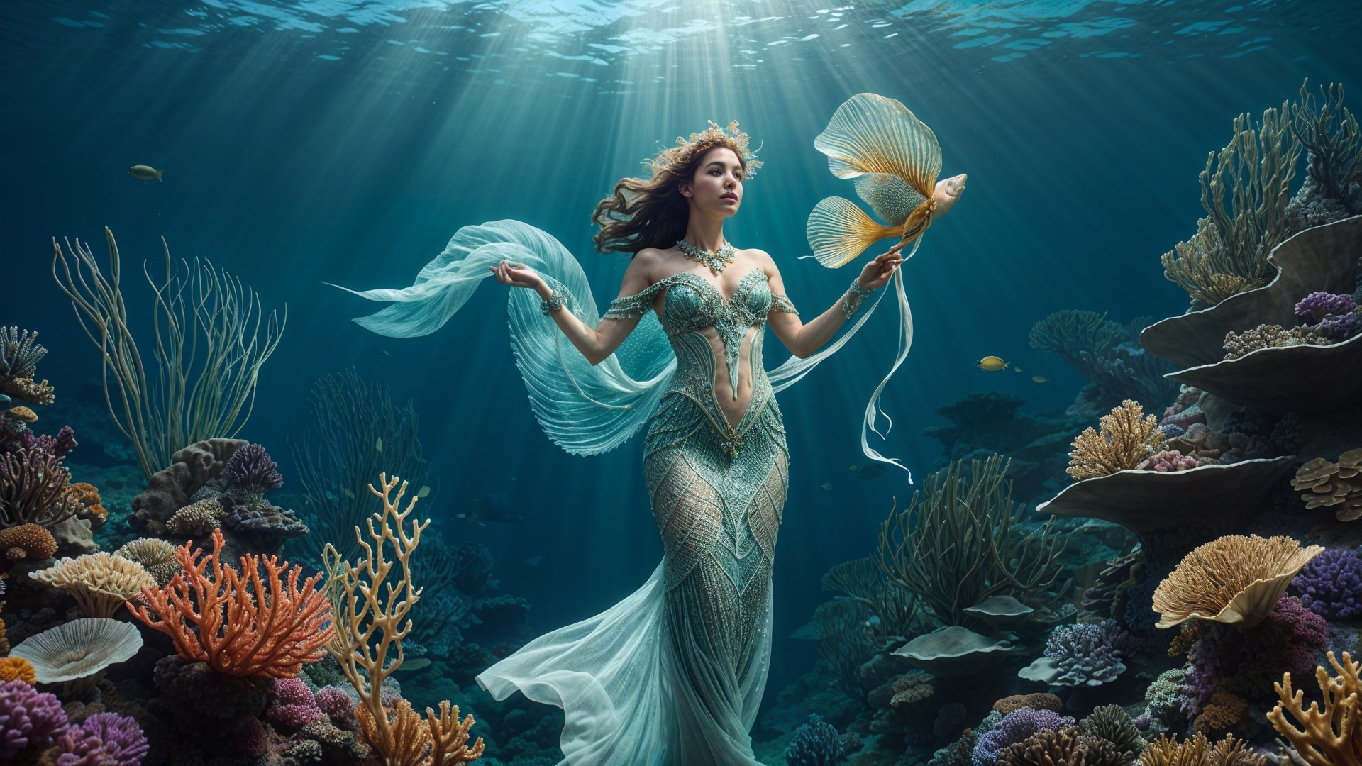 Underwater Scene with Mermaid and Coral Reefs