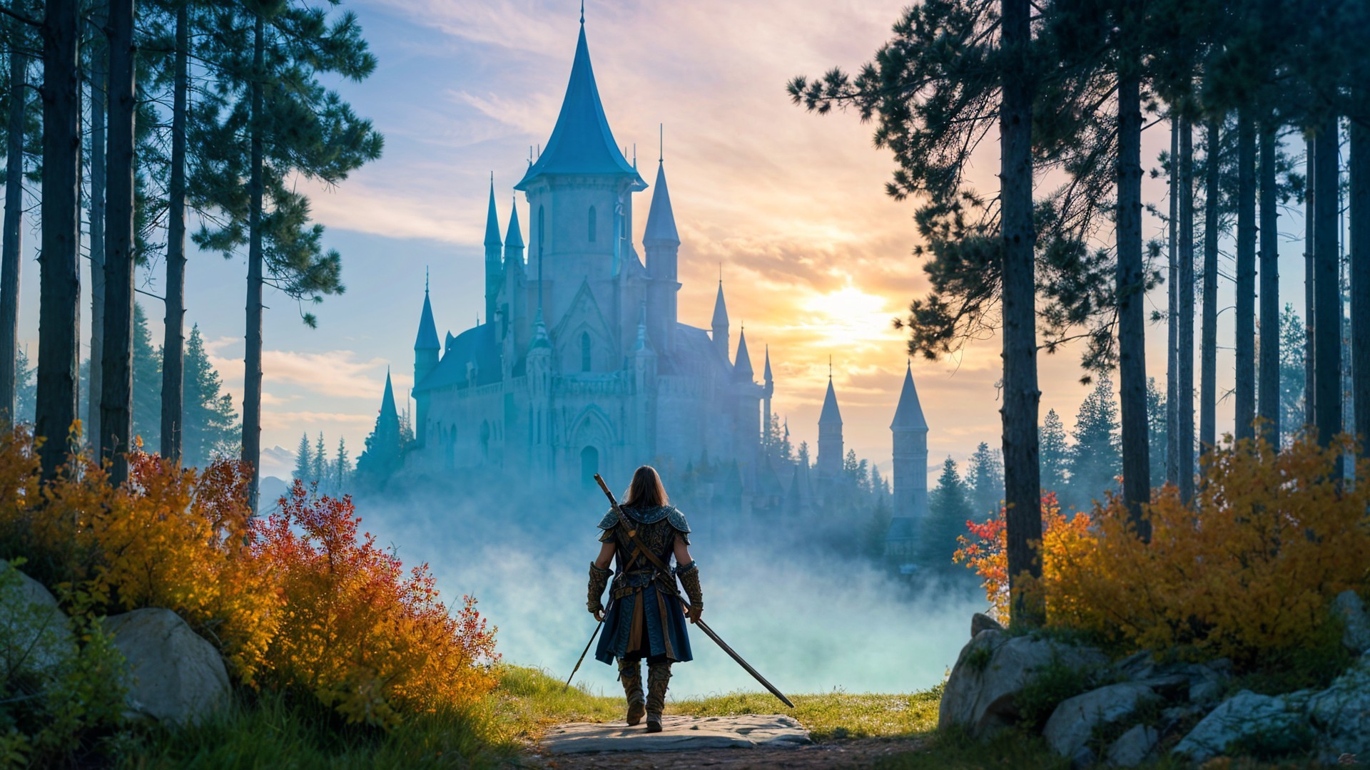 Knight at Forest Edge with Castle at Sunset