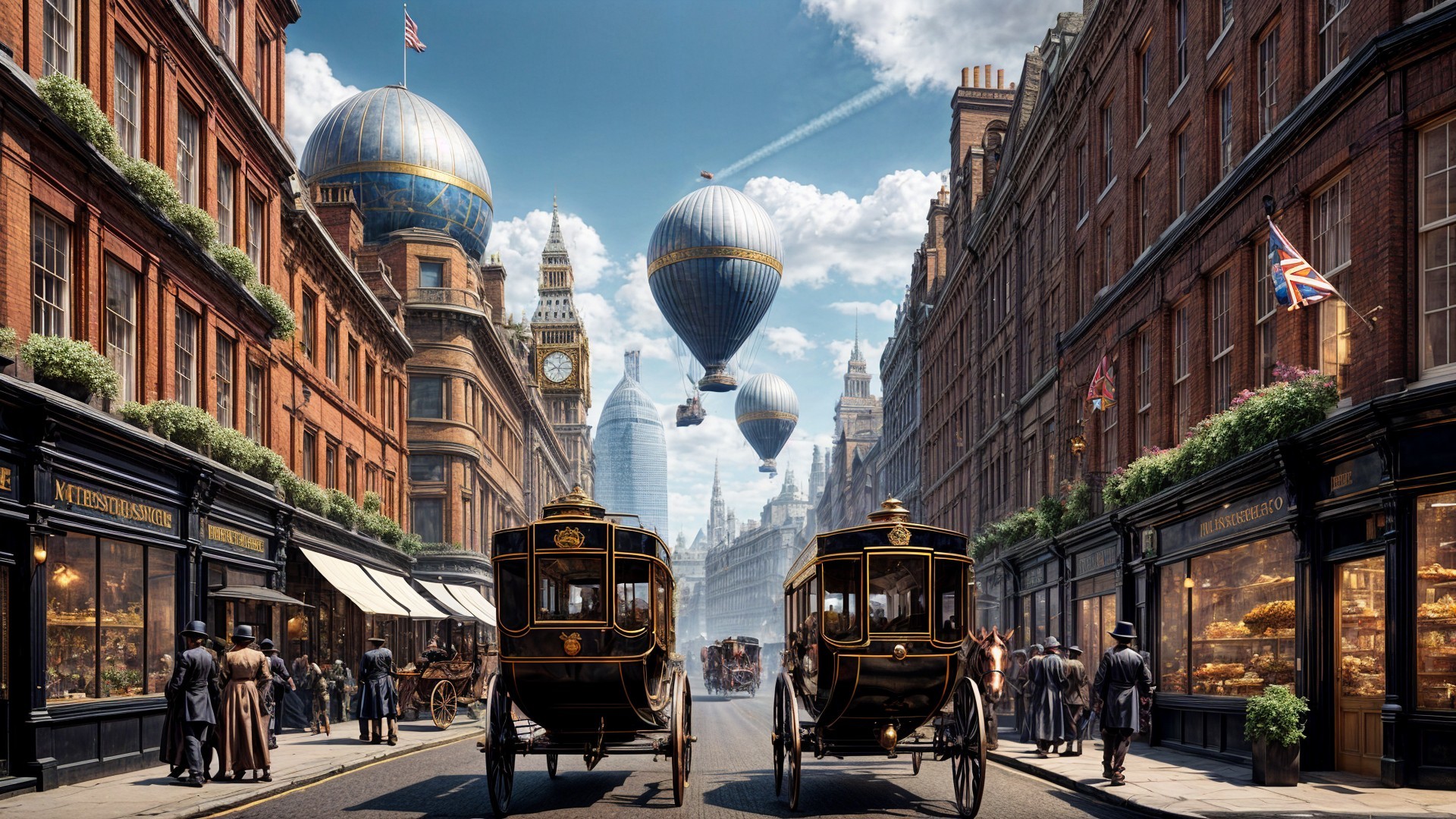 Vintage city street scene with horse-drawn carriages