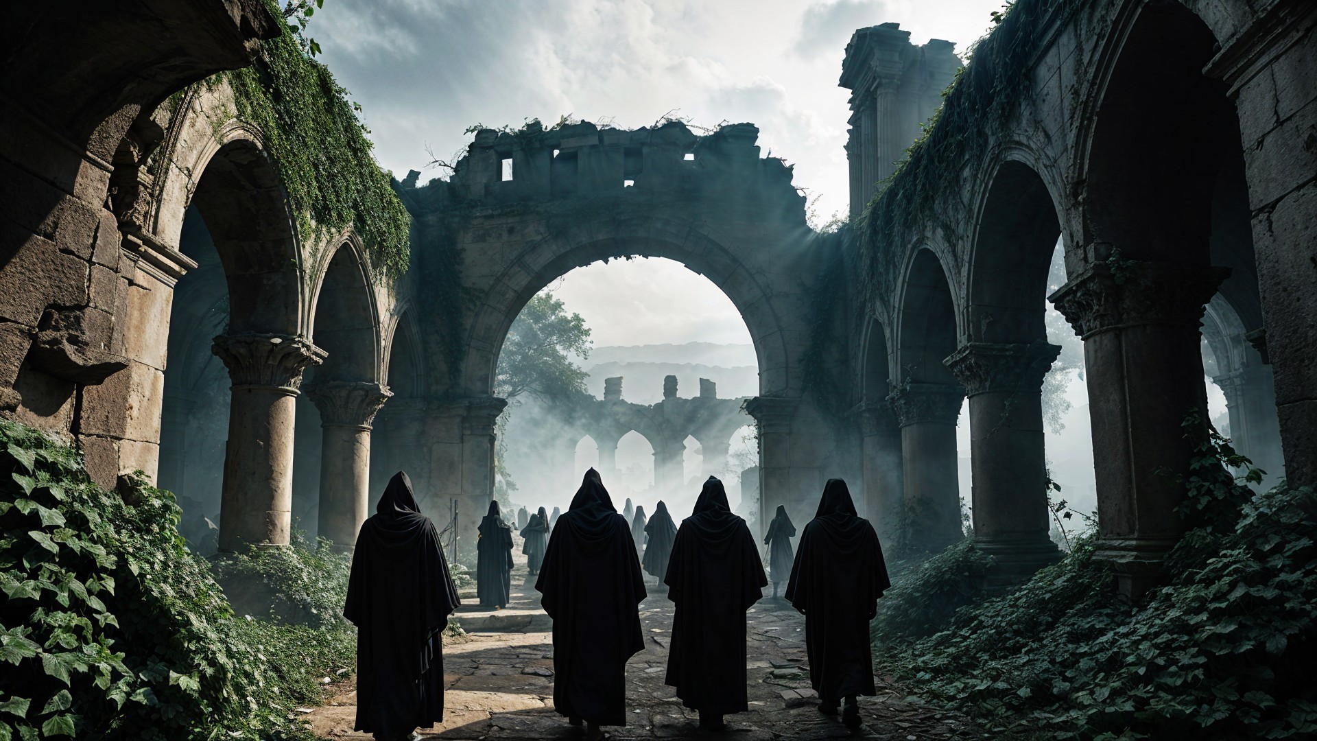 Cloaked Figures in Misty Ancient Ruins Setting
