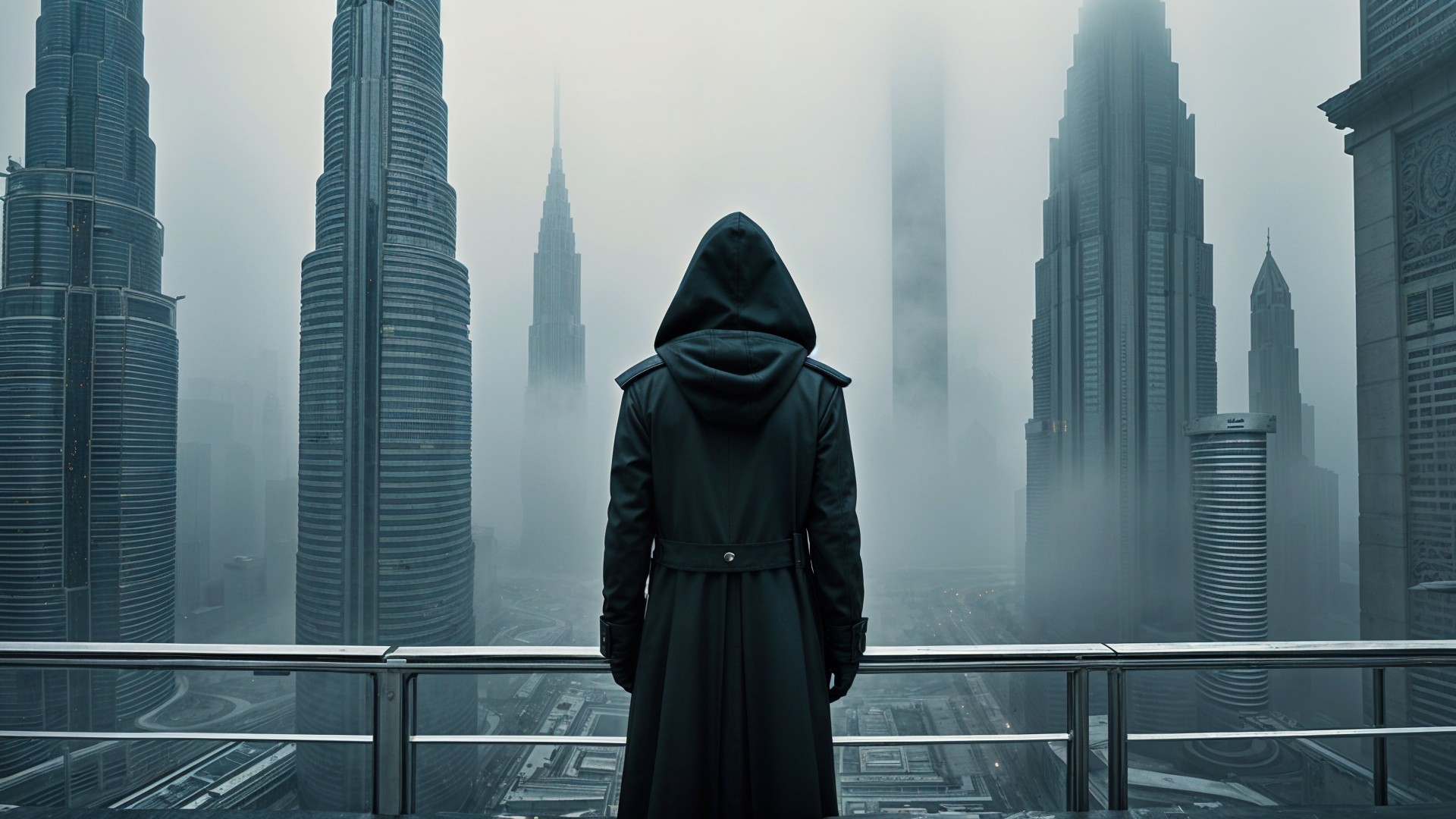 Lone Figure in Cloak Overlooking Futuristic Cityscape