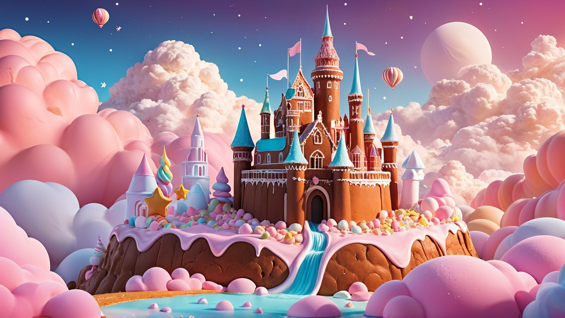 Whimsical Candy Castle in a Pastel Landscape
