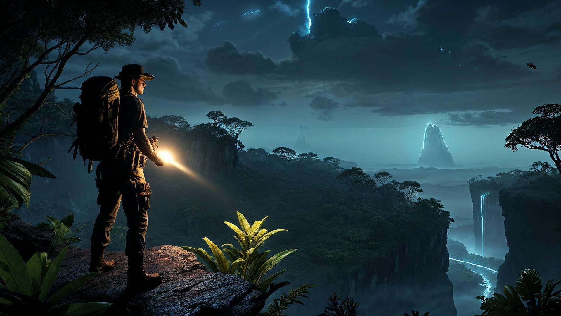 Explorer in Jungle with Lightning and Waterfalls