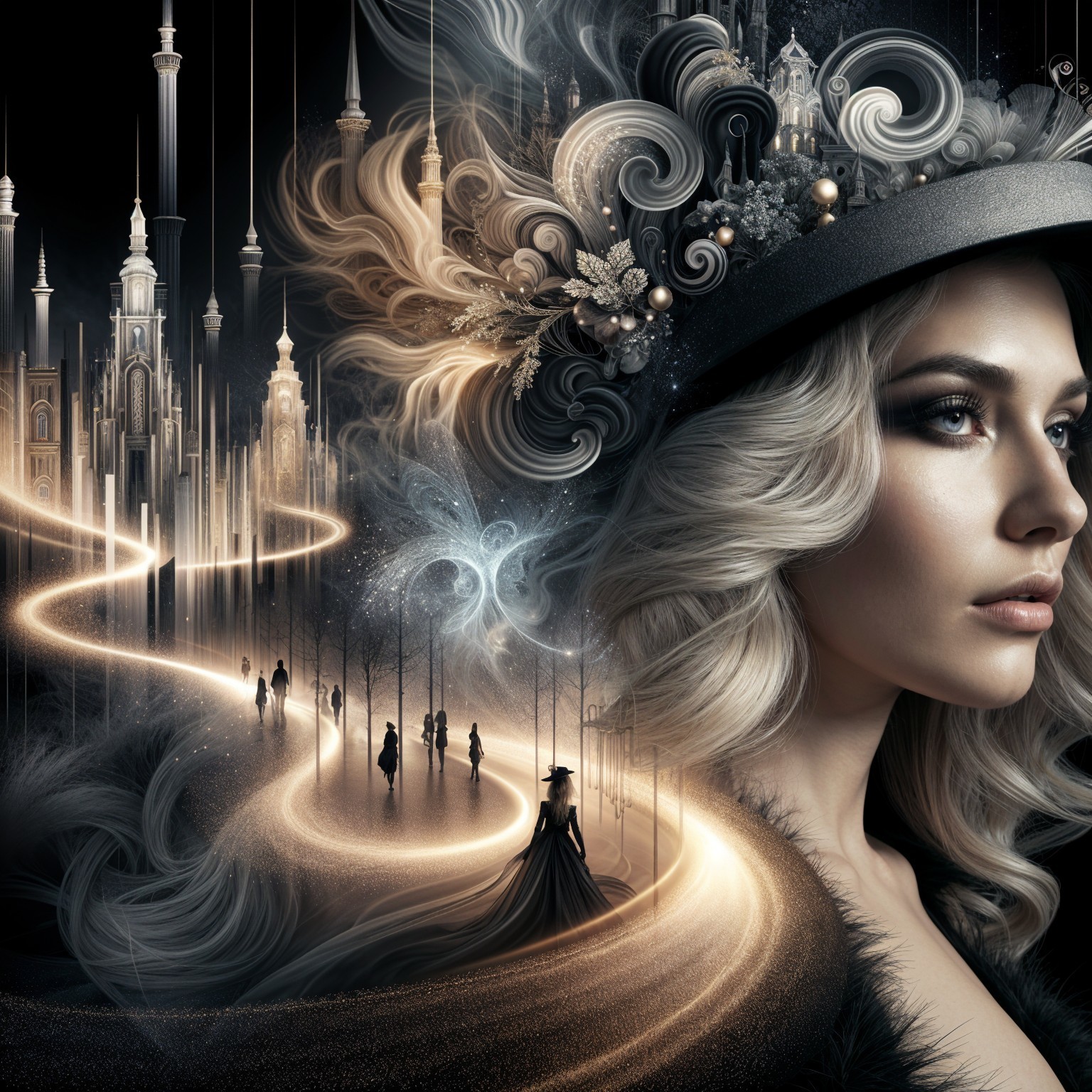 Ethereal Woman in Dreamy Landscape with Luminous Path