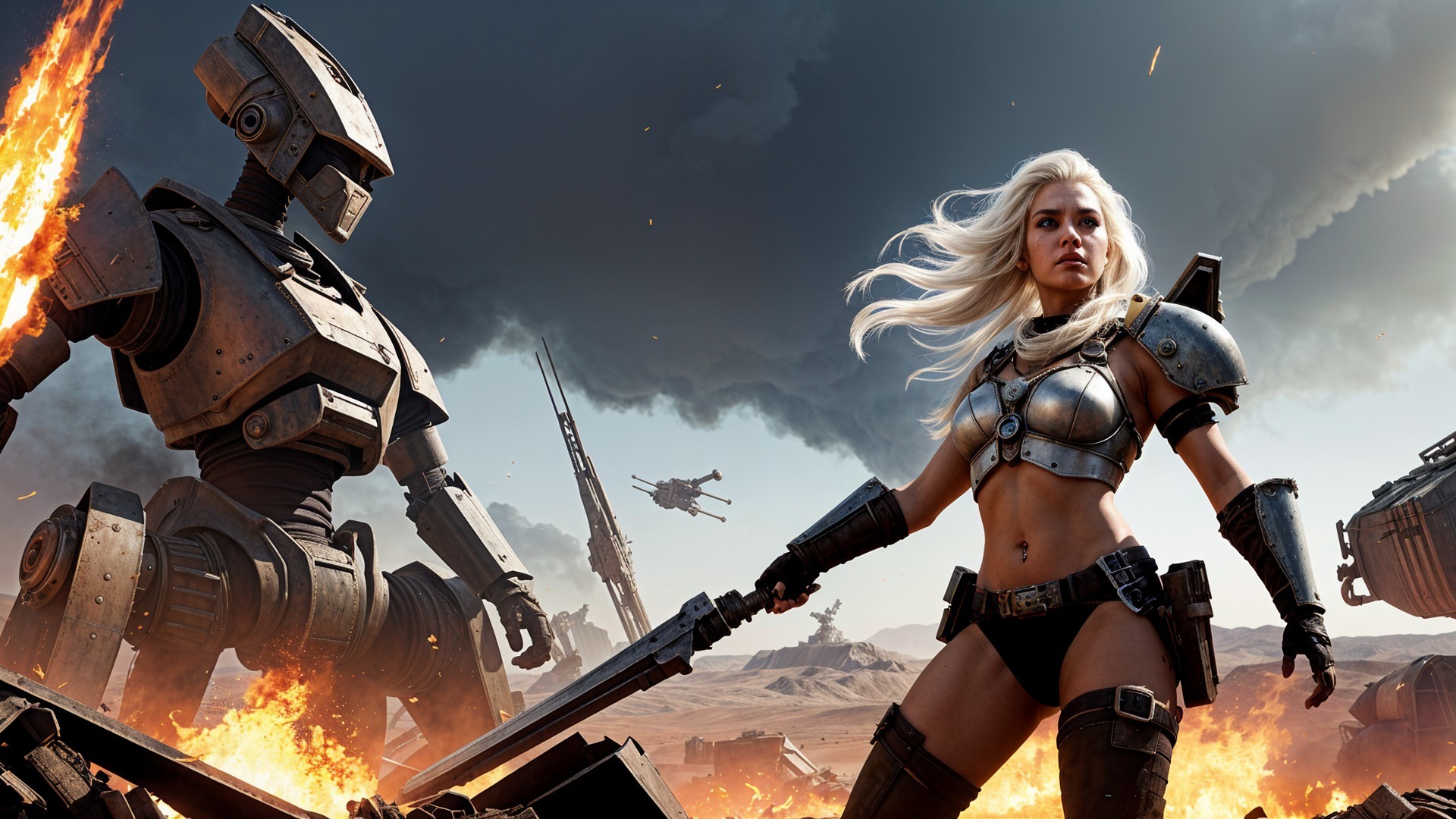 Fierce Female Warrior in Post-Apocalyptic Landscape