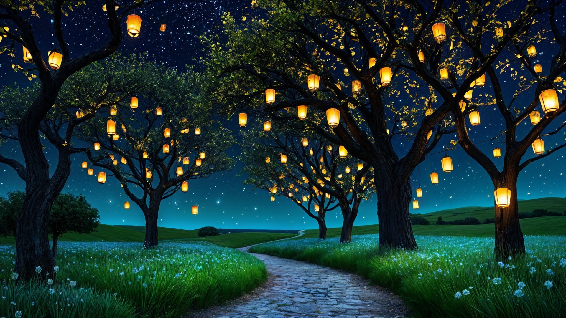 Serene Nighttime Landscape with Winding Stone Path