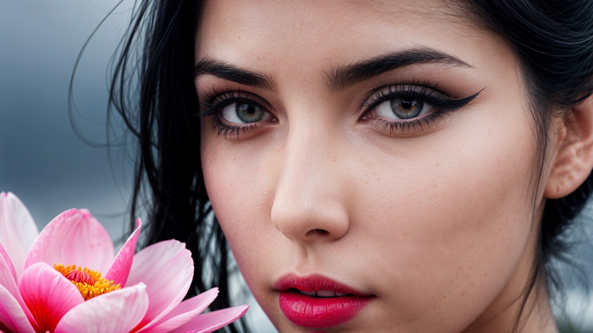 Close-Up Portrait of a Young Woman with Lotus Flower