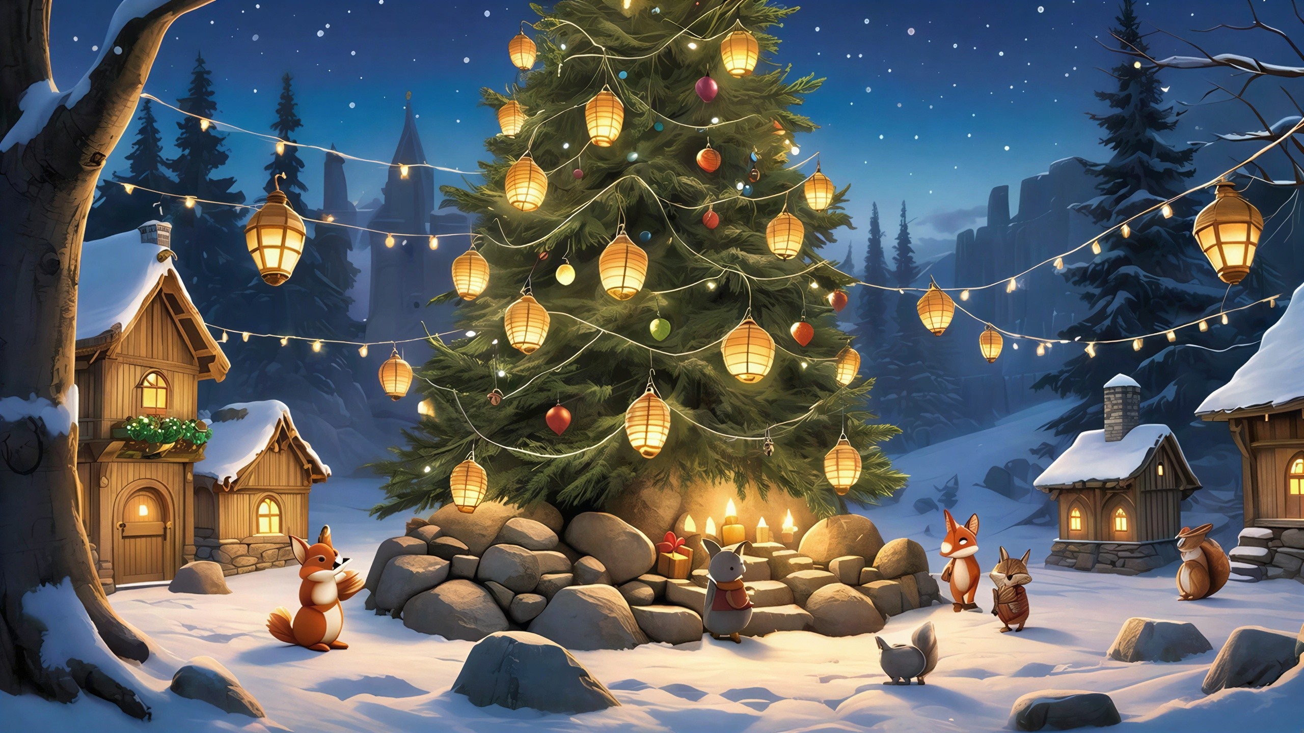 Whimsical Snowy Forest with Christmas Tree and Animals