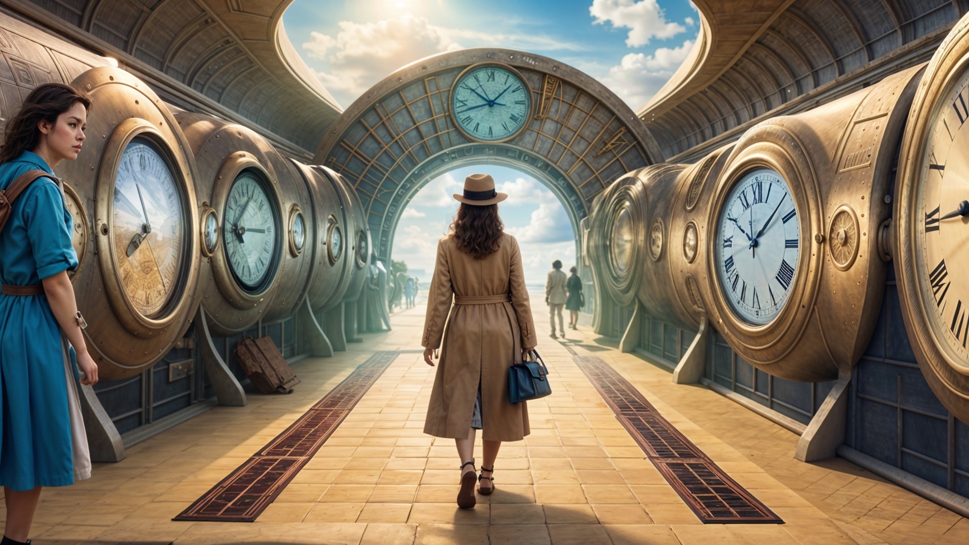 Surreal Corridor with Oversized Clocks and Figures