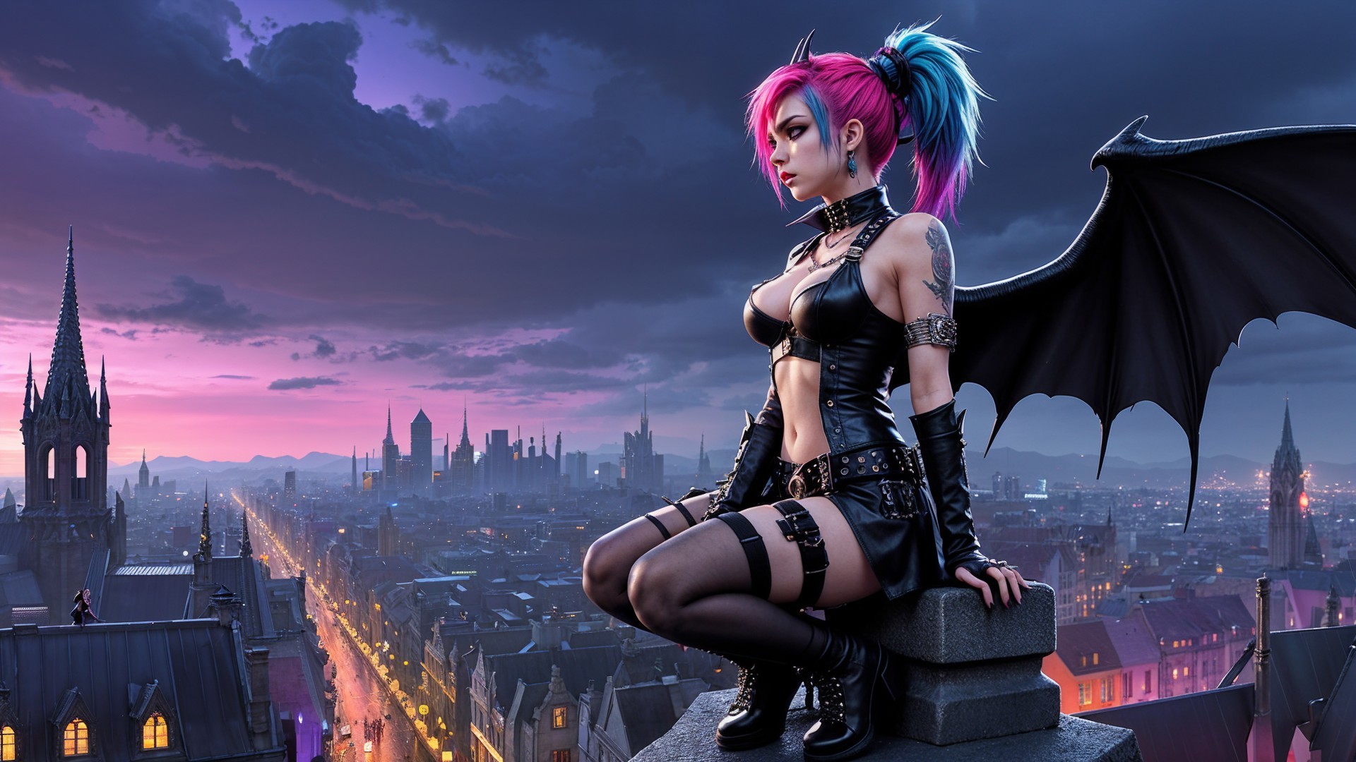 Goth Figure with Wings on Rooftop at Twilight