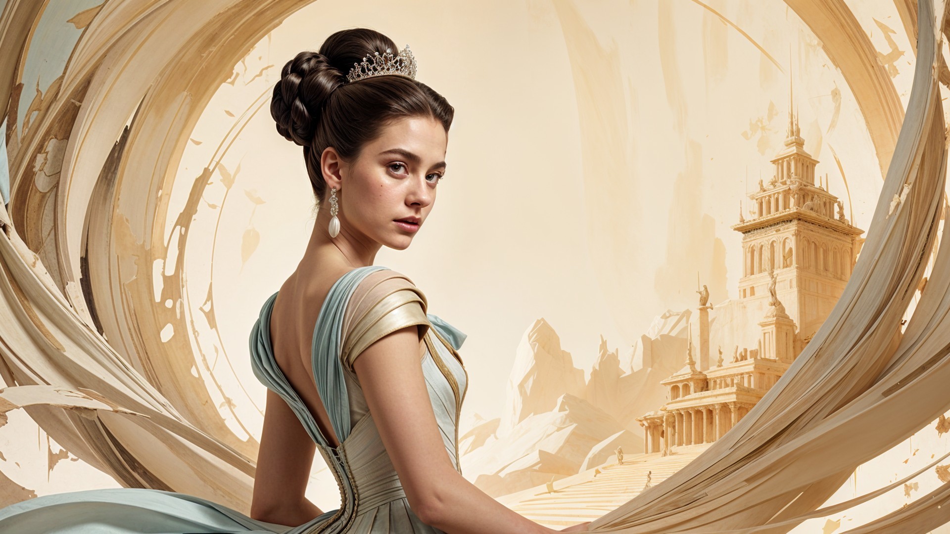 Elegant Young Woman in Pastel Gown in Fantasy Setting