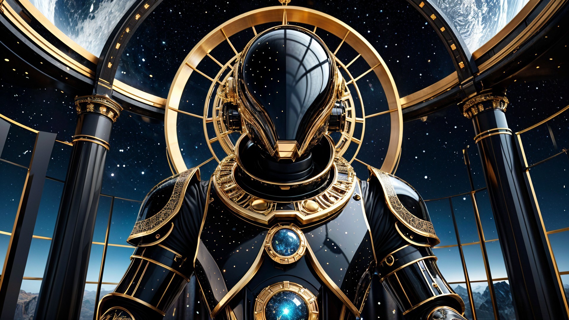 Futuristic Gold-Accented Space Suit in Observatory