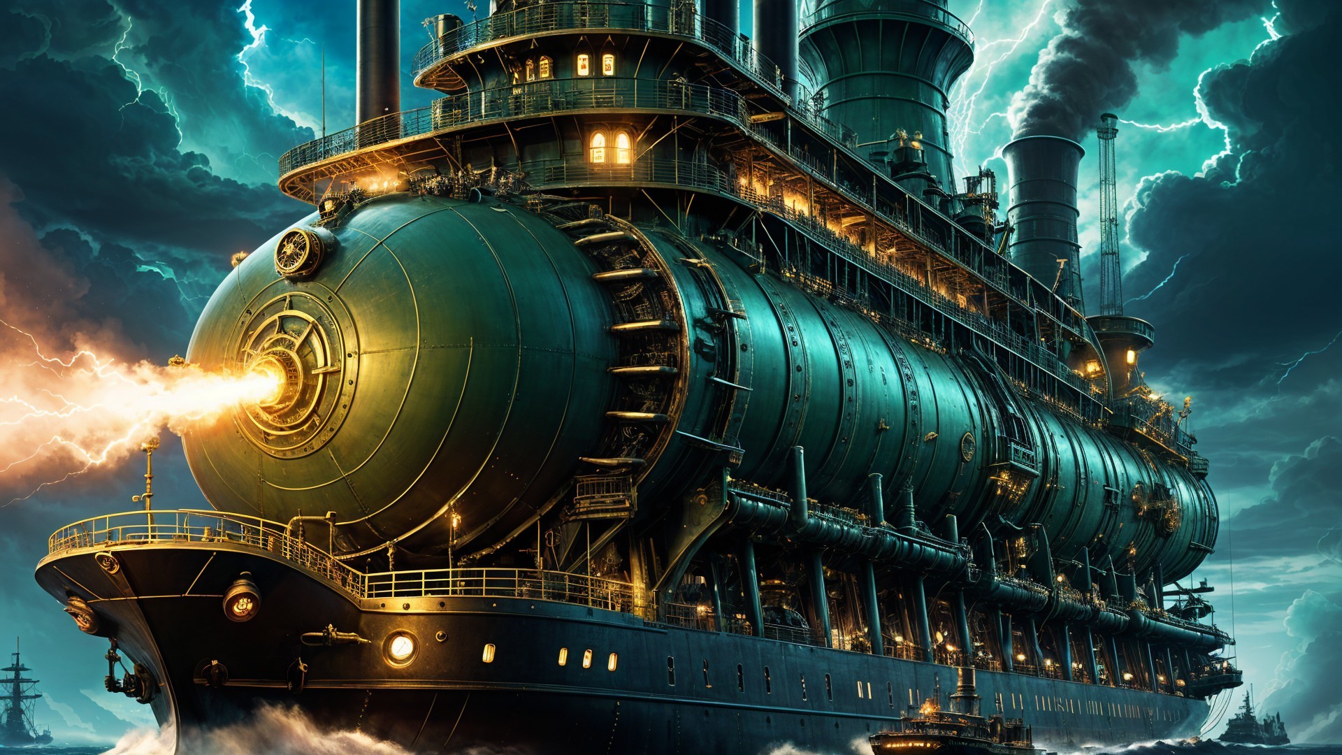 Steampunk Battleship Against Stormy Sky with Machinery