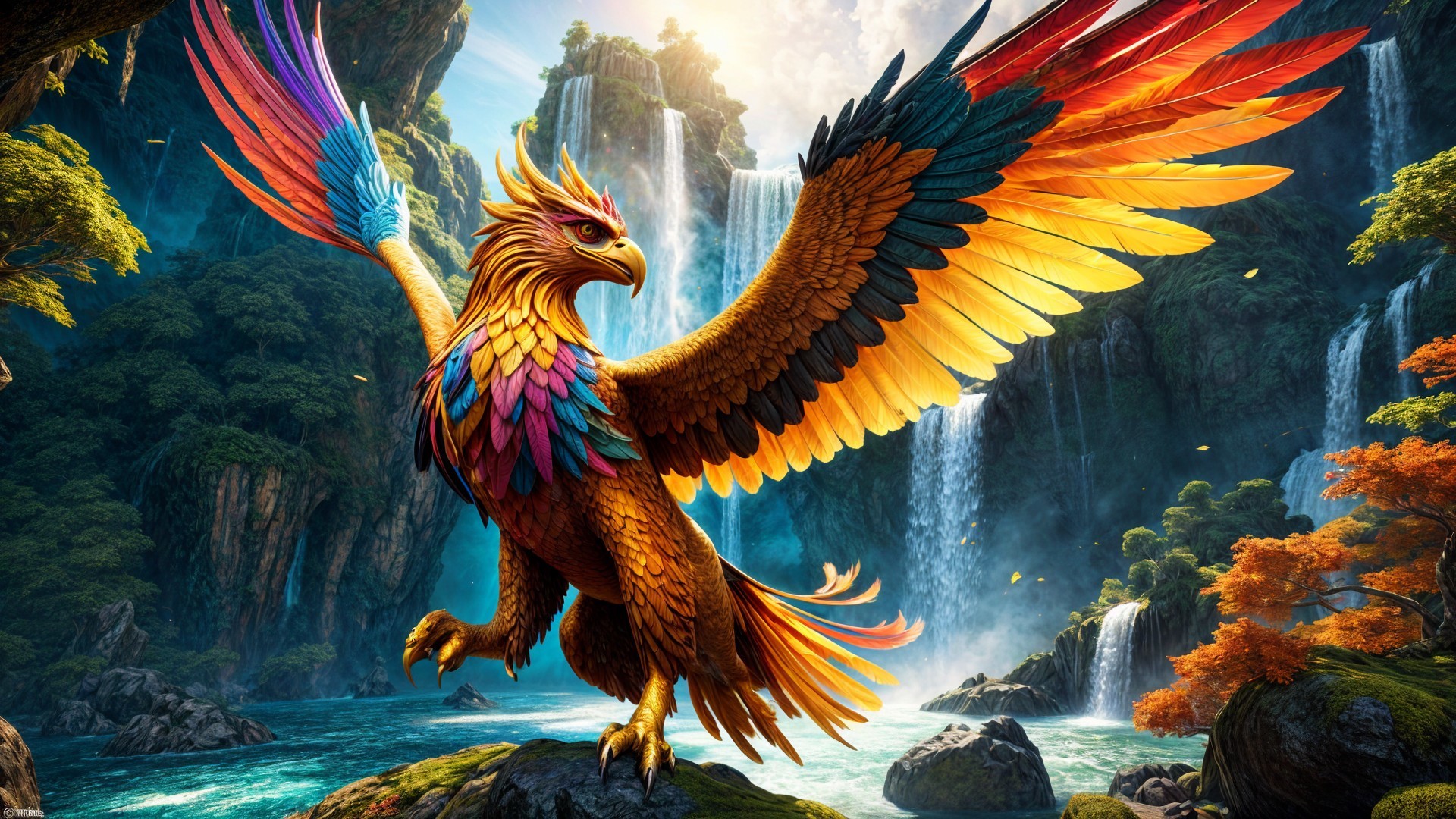 Majestic phoenix on rocky perch with vibrant colors
