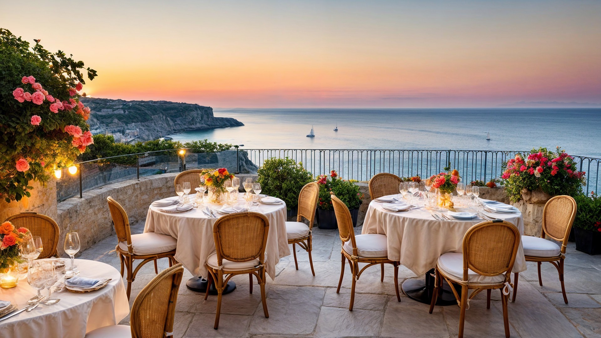 Outdoor Dining Area Overlooking Ocean at Sunset