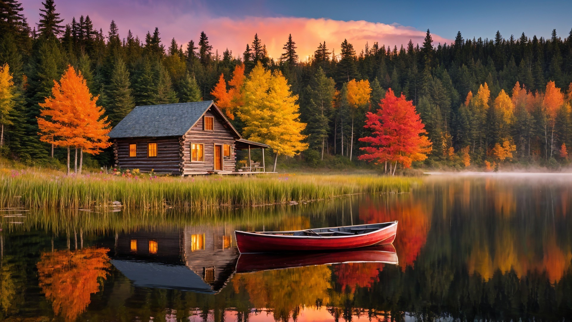 Lakeside Log Cabin Amidst Autumn Foliage and Sunset