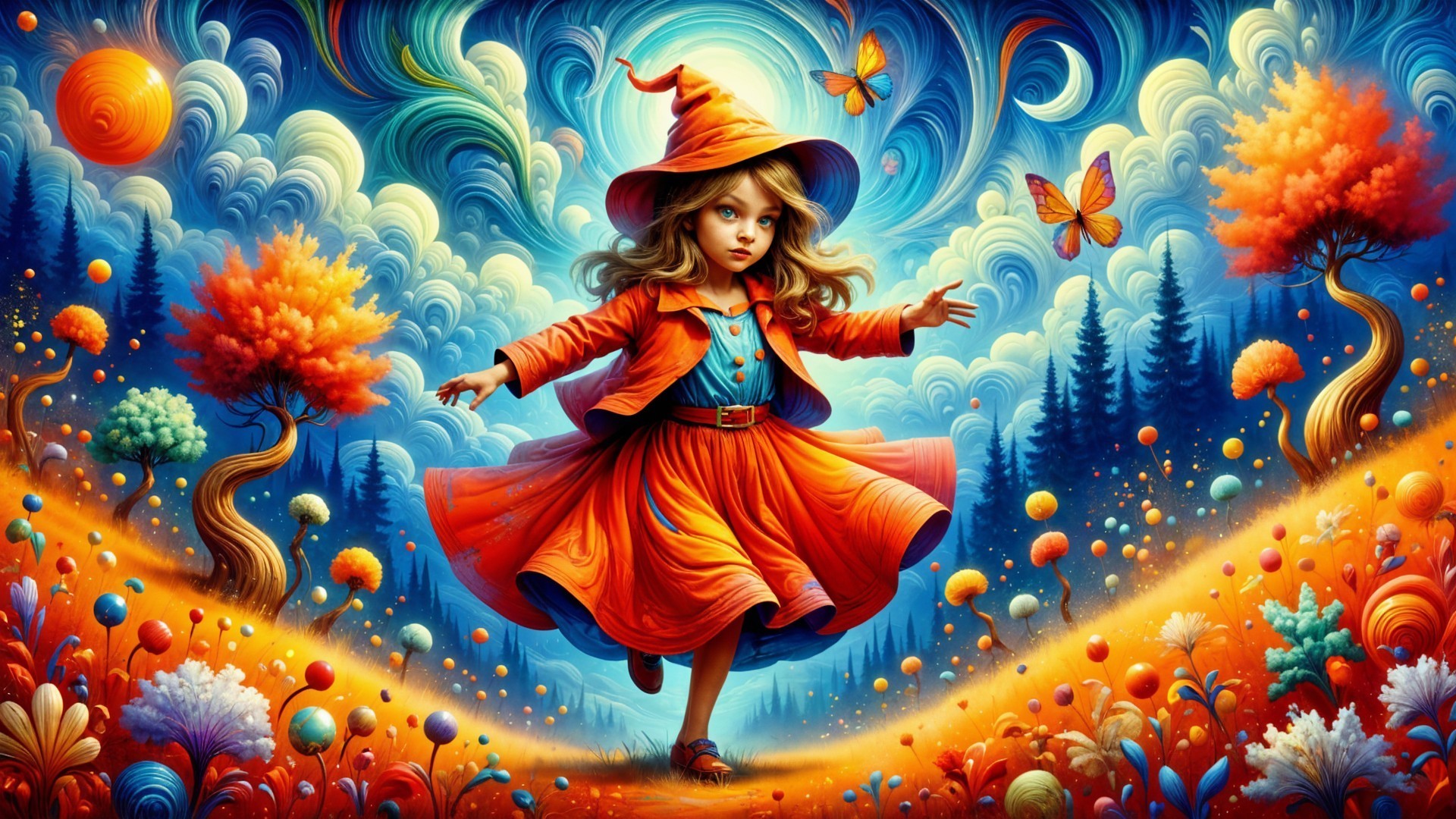 Whimsical Scene of a Girl in Orange Dress and Hat